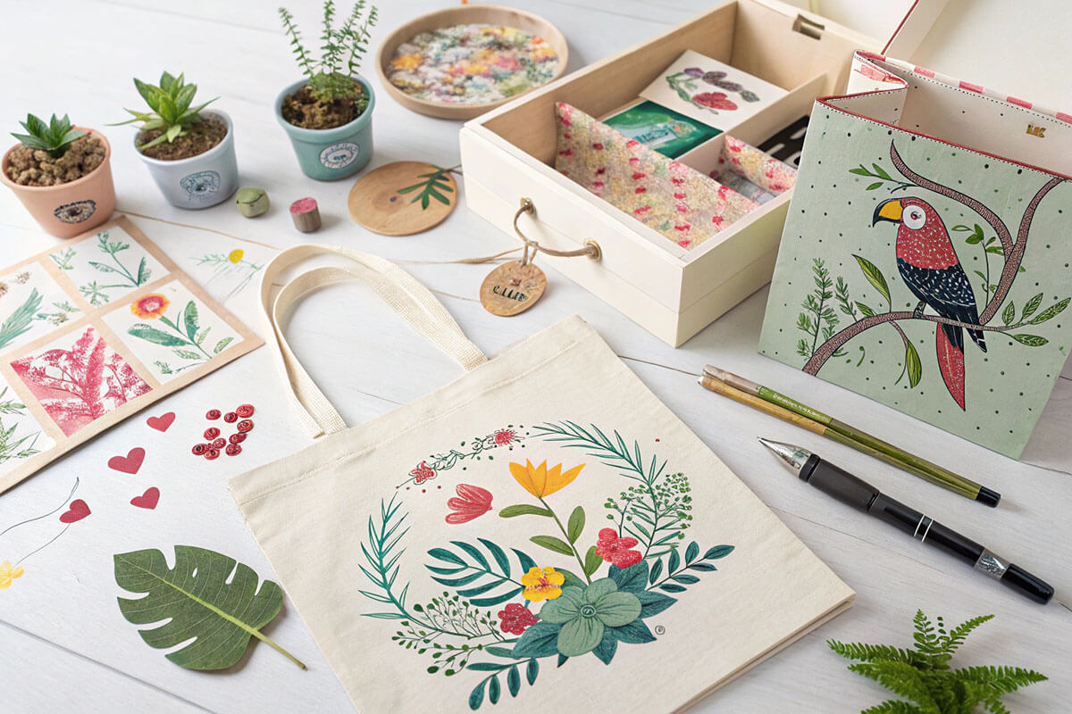 Flat-lay of various custom products like stickers, boxes, and tote bags