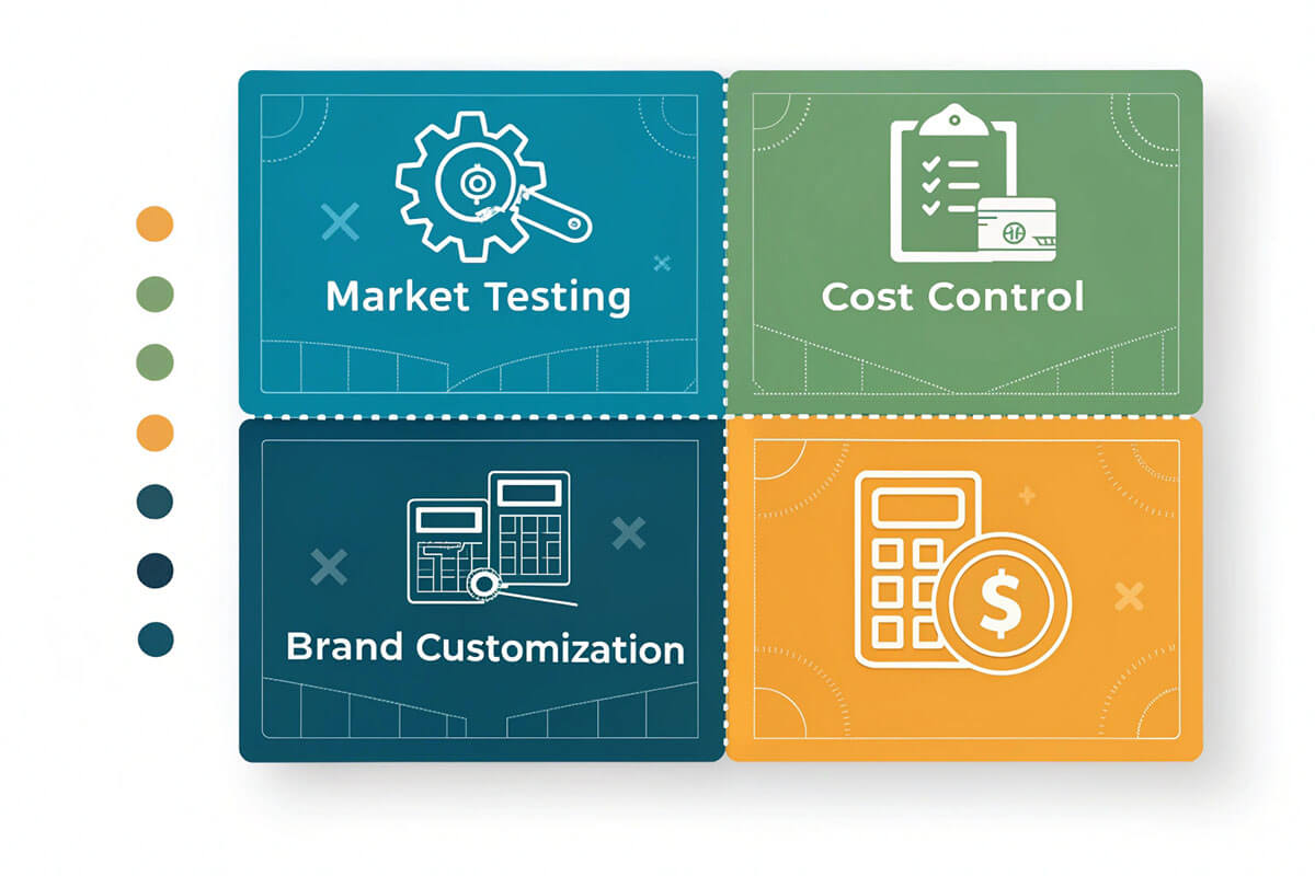Infographic showing low MOQ benefits for SMEs, including market testing