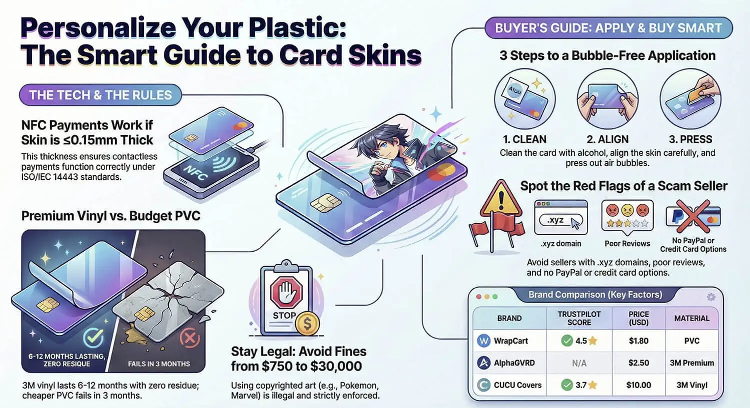 Infografika inteligentnego przewodnika po naklejkach na karty - style naklejek anime na karty kredytowe, kroki aplikacji i przewodnik zgodności NFC