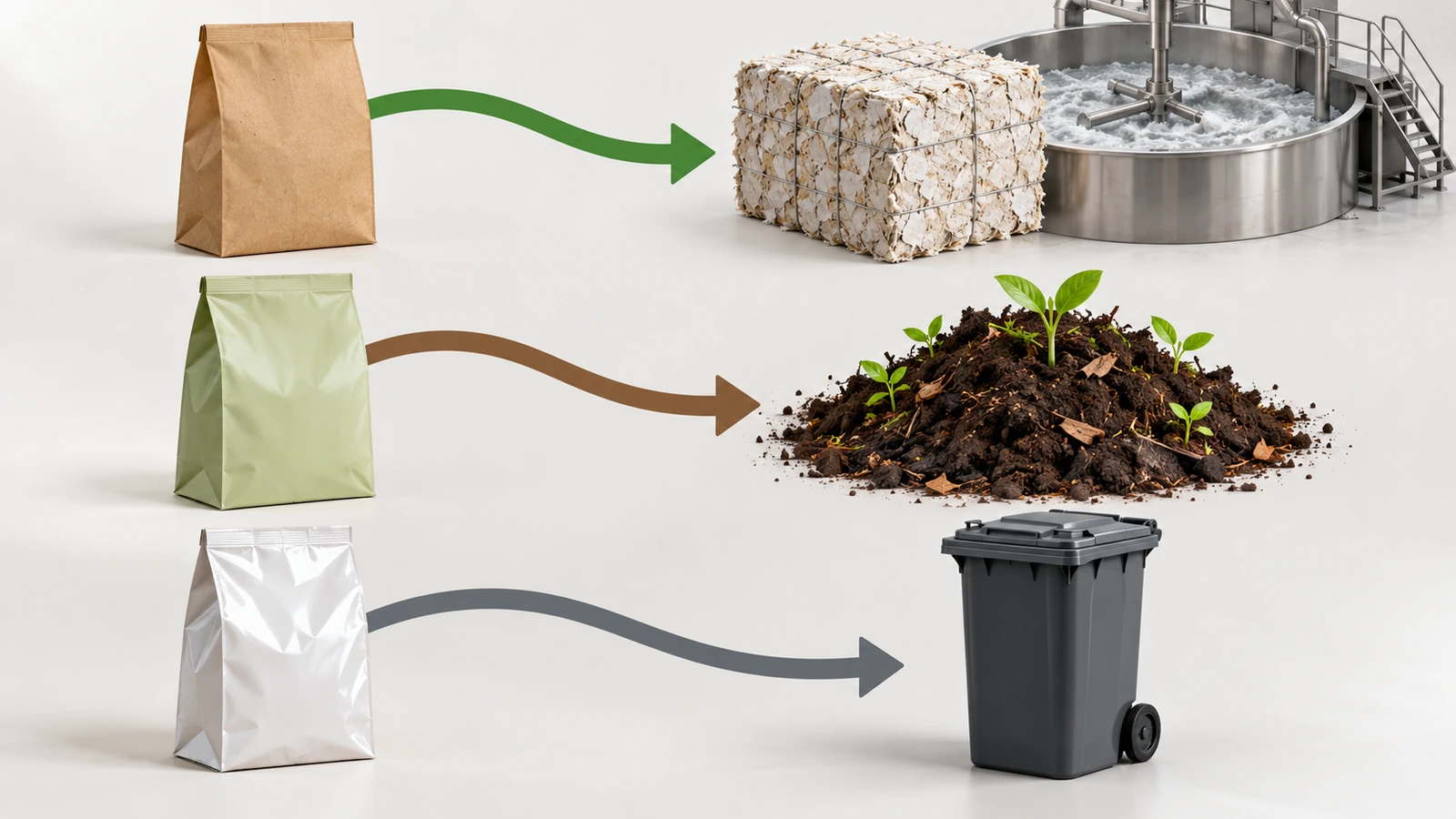 Ilustracja trzech papierowych toreb na żywność podążających osobnymi strzałkami do strumienia recyklingu papieru, przemysłowej kompostowni i pojemnika na odpady zmieszane, pokazująca, jak wybór bariery kształtuje drogi zagospodarowania po zużyciu
