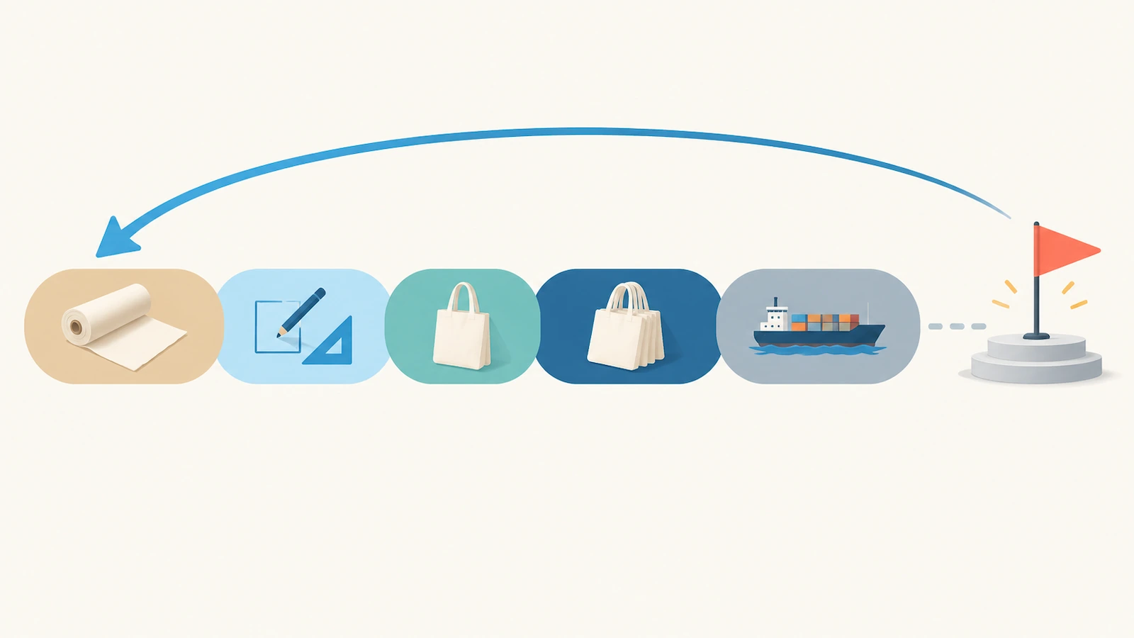 Diagram planowania wstecz z kolorowymi blokami: tkanina, grafika, próbki, produkcja i transport prowadzące do flagi wydarzenia