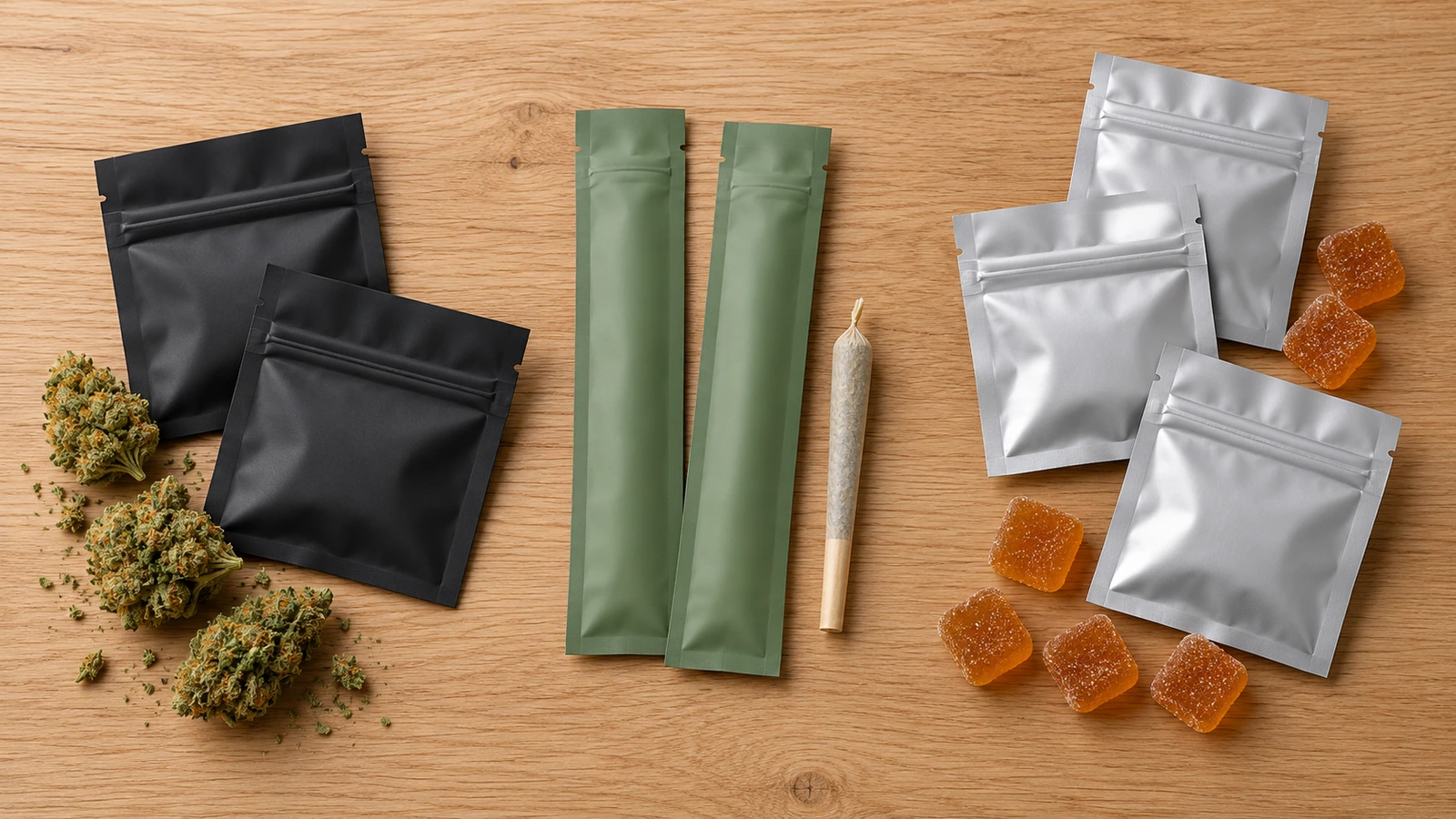 Trzy grupy matowych płaskich torebek Mylar posortowane według linii produktowych: próbki suszu, pojedyncze pre-rolle i żelki dozowane pojedynczo