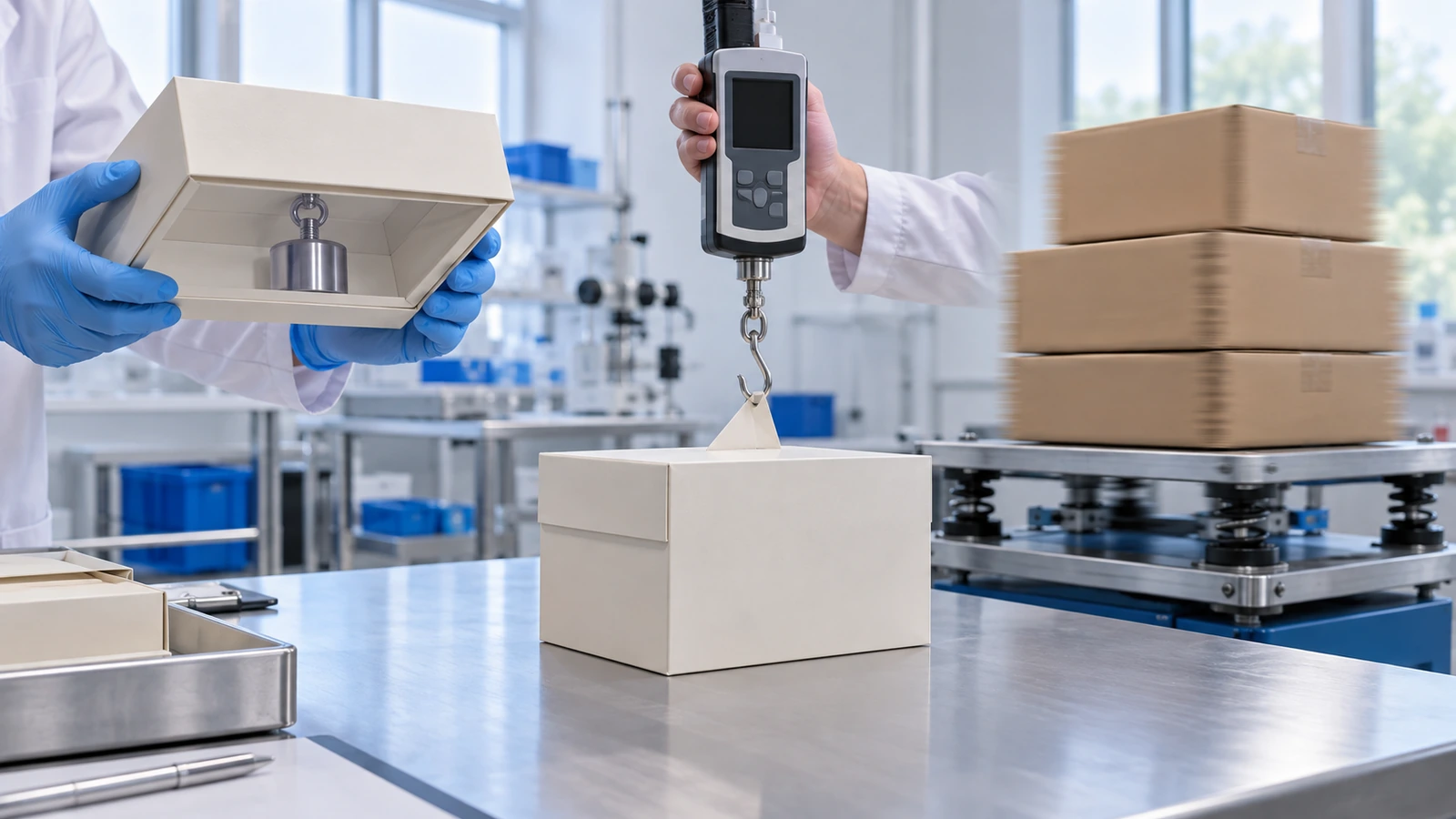Scena laboratoryjna: obciążone pudełko magnetyczne trzymane do góry nogami z wieczkiem, które pozostaje zamknięte, obok ręcznego siłomierza otwierającego wieczko oraz stosu pudełek na stole wibracyjnym