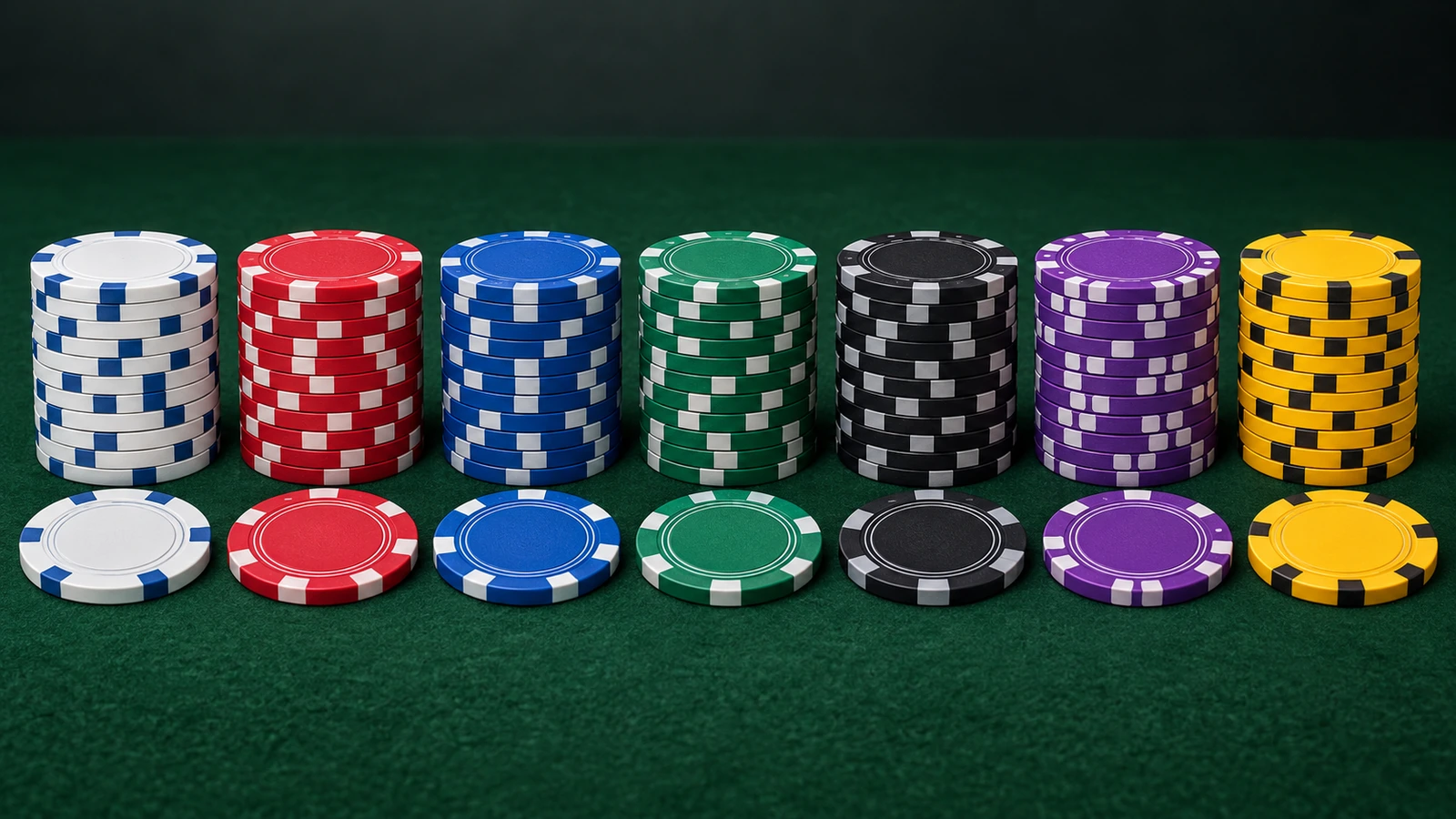 Siedem stosów żetonów pokerowych ustawionych od najjaśniejszego do najciemniejszego nominału w konwencjonalnych kolorach: biały, czerwony, niebieski, zielony, czarny, fioletowy i żółty