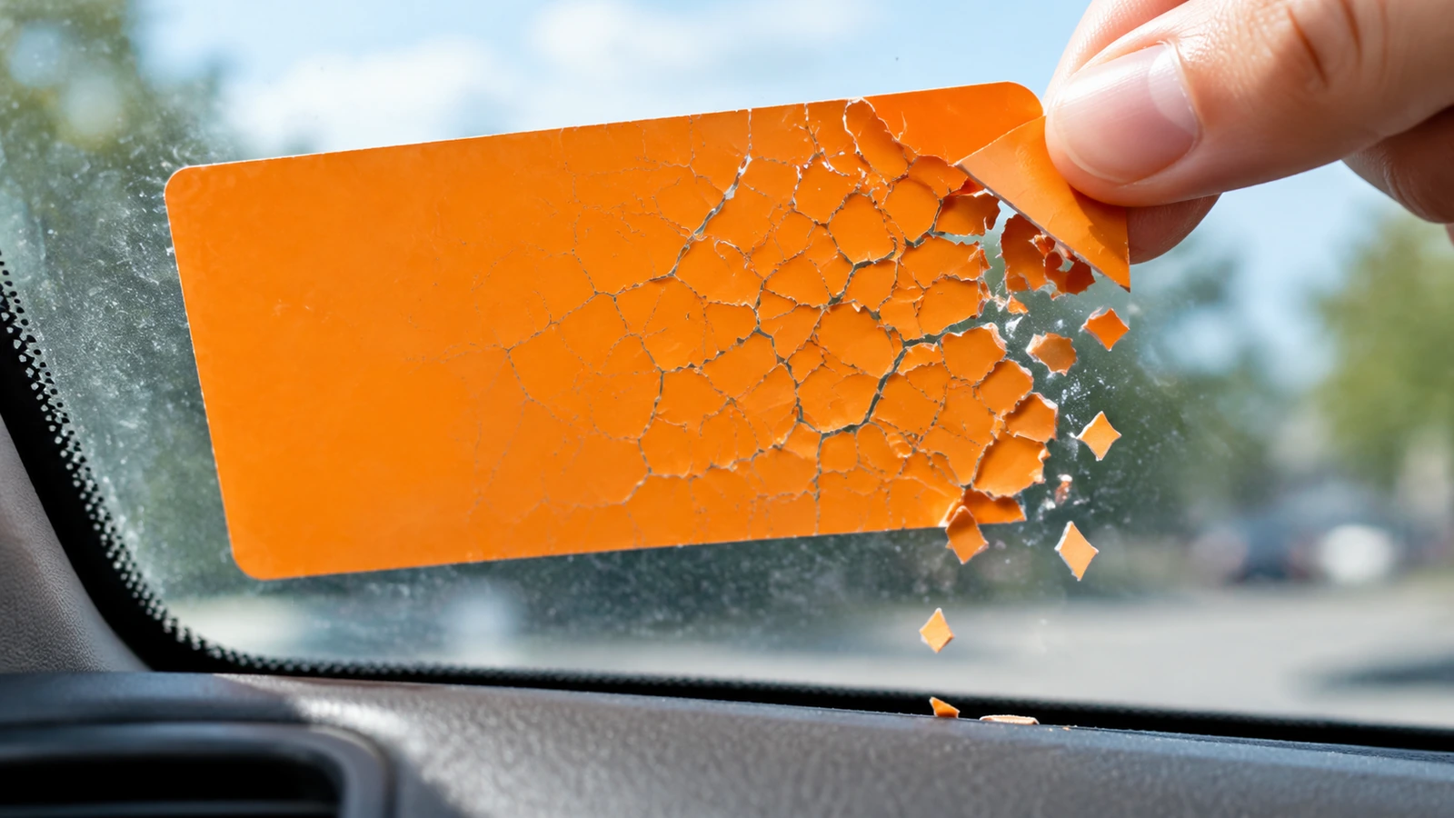 Zbliżenie niszczącej się przepustki parkingowej na wewnętrznej stronie przedniej szyby, która rozpada się na drobne płatki, gdy palec unosi jeden róg