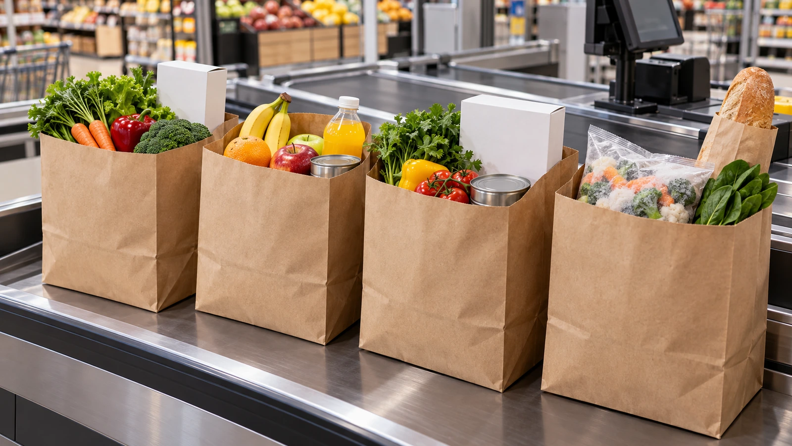 Kasa w supermarkecie ze zwykłymi brązowymi papierowymi torbami kraft wypełnionymi warzywami i owocami, butelkami i pudełkami