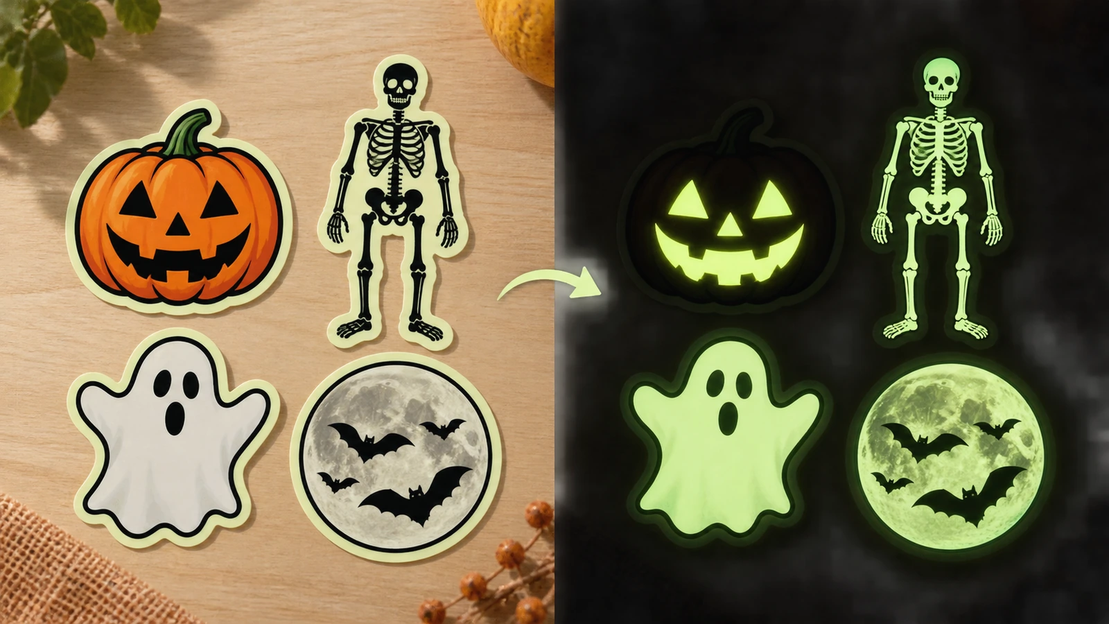 Naklejki halloweenowe świecące w ciemności pokazane w świetle dziennym z pełnokolorową grafiką dyni, ducha i szkieletu oraz w ciemności, gdzie na zielono świecą tylko niezadrukowane obszary