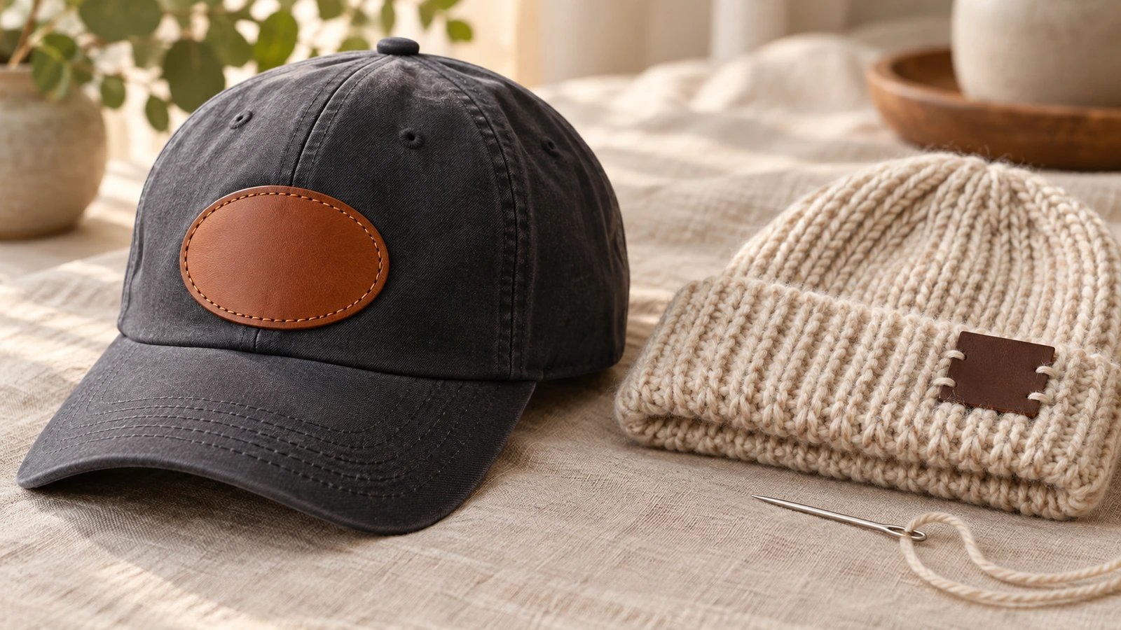 Czapka z usztywnieniem i złożona czapka beanie z dzianiny obok siebie; widoczna przyszyta naszywka skórzana na przednim panelu czapki oraz ręcznie przyszyta składana etykieta na mankiecie beanie