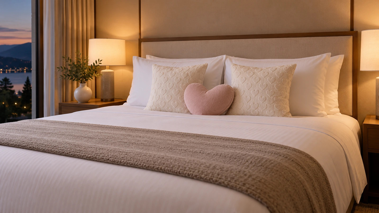 Łóżko w apartamencie hotelowym urządzone białymi poduszkami do spania, dwiema kwadratowymi poduszkami dekoracyjnymi z subtelnym wzorem serc i jedną małą poduszką w kształcie serca wycinaną na wykrojniku jako akcentem w centrum