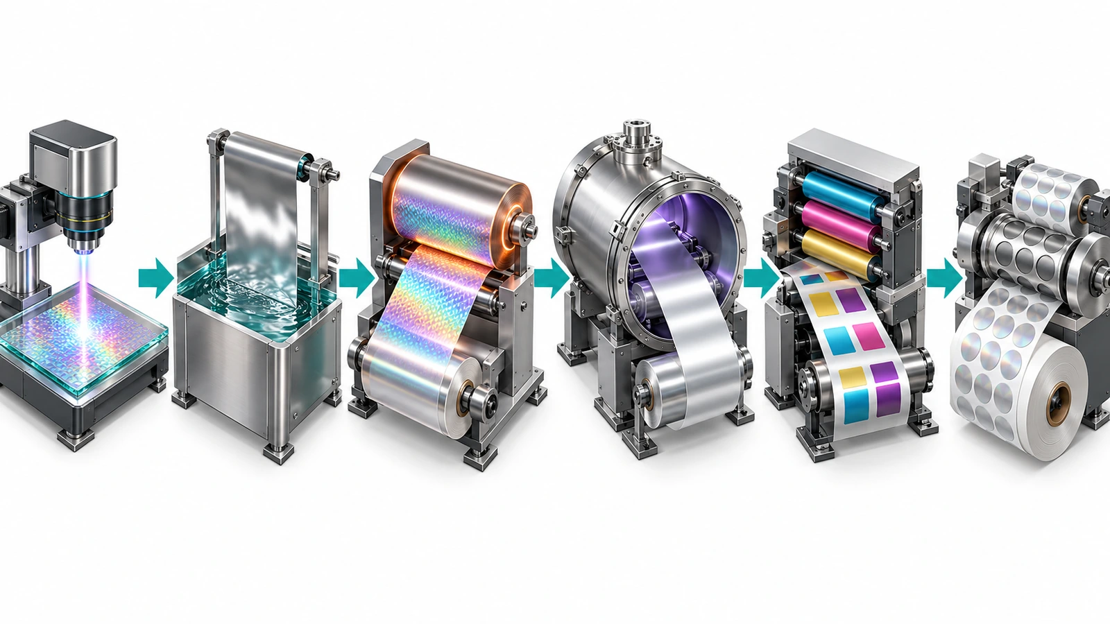 Przebieg produkcji naklejek hologramowych: od optycznej matrycy wzorcowej przez matrycę niklową, wałek tłoczący, komorę metalizacji i maszynę drukującą po wykrojone etykiety
