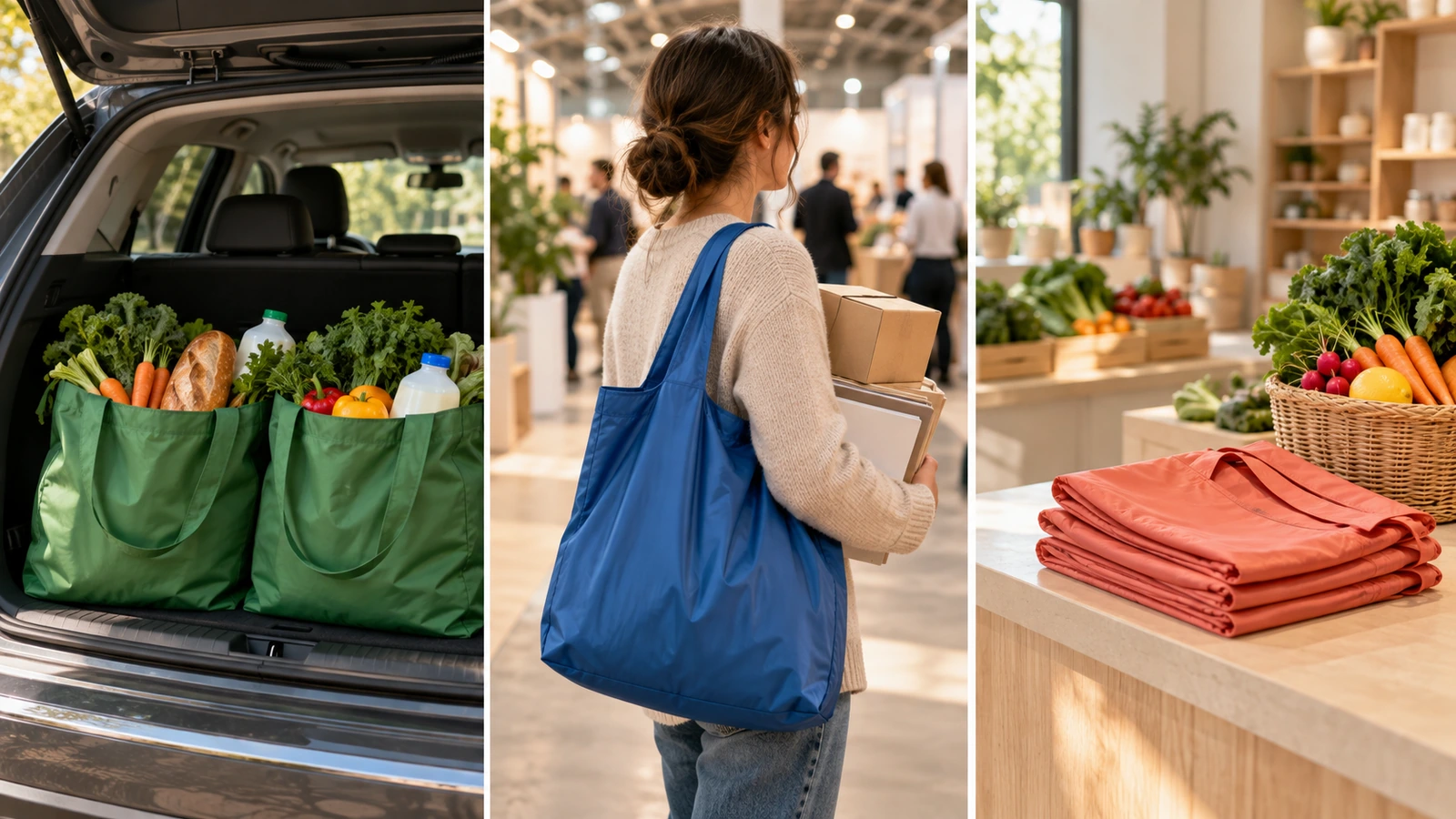 Trzy sceny przedstawiające ponadgabarytowe torby wielokrotnego użytku używane do hurtowych zakupów spożywczych, do worka z upominkami z targów i w programie sklepu detalicznego
