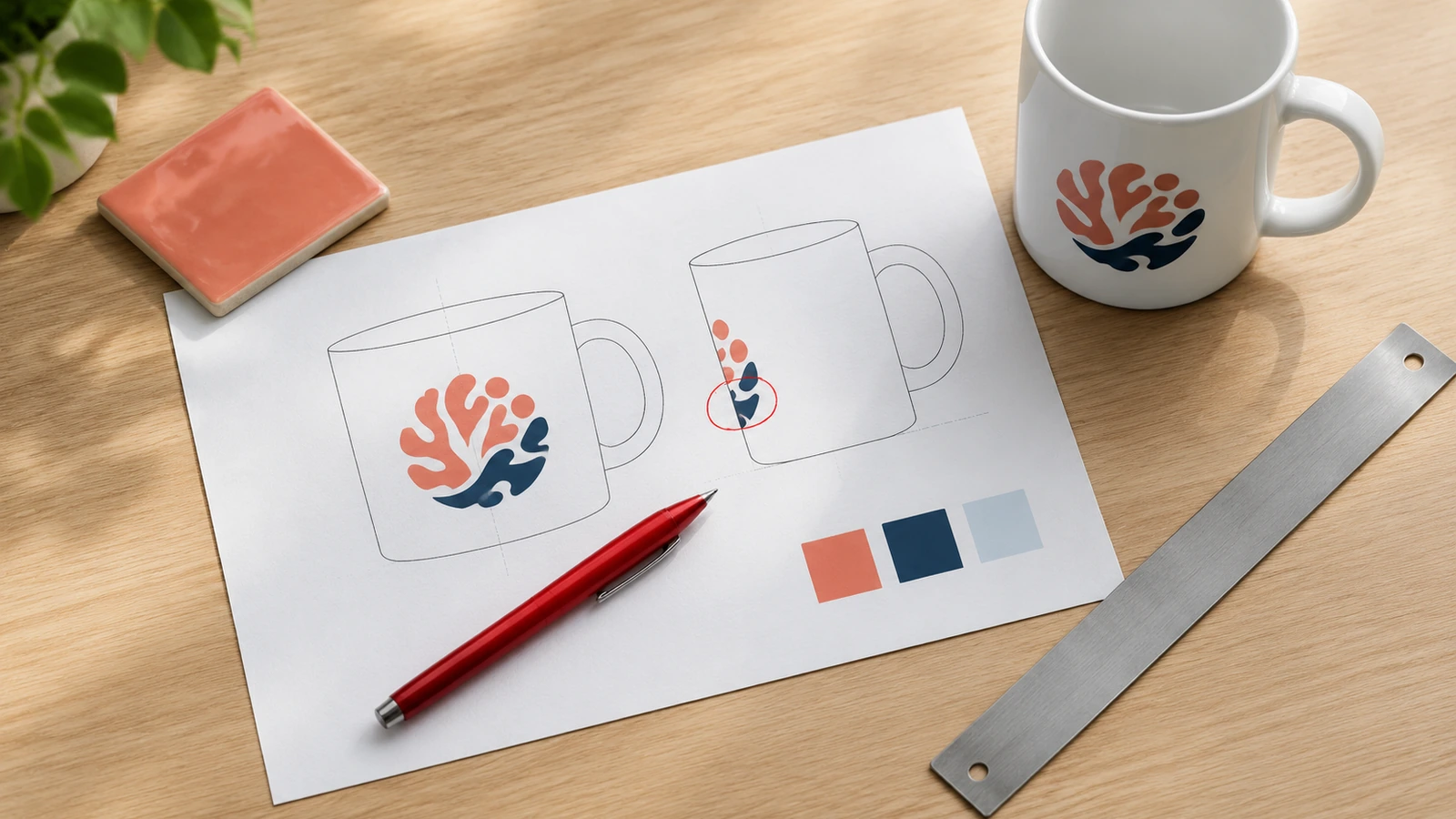 Wydrukowana wizualizacja kubka z abstrakcyjnymi kształtami logo, czerwony długopis, linijka i biały kubek ceramiczny na jasnym biurku