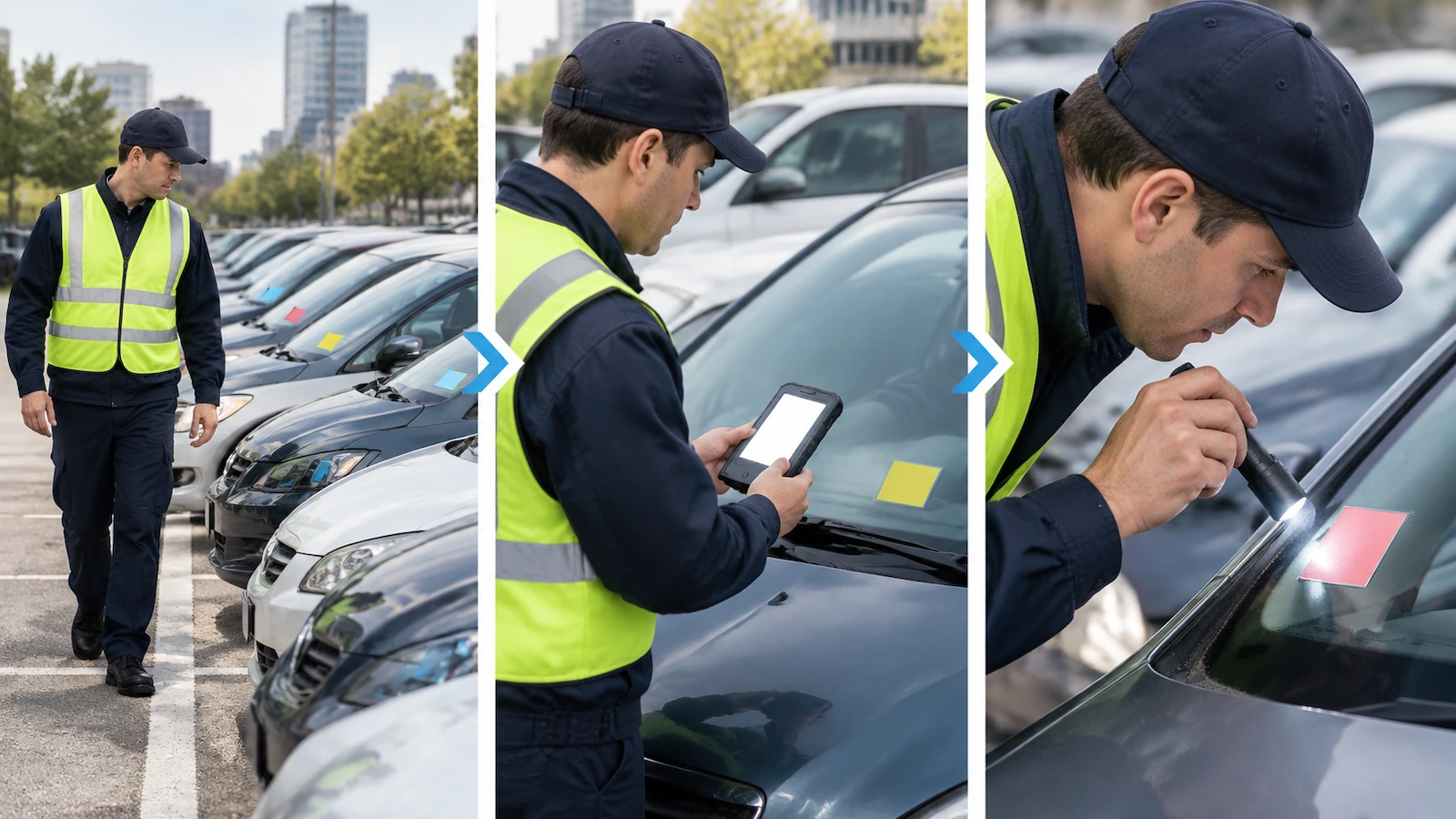 Kontroler parkingowy idący wzdłuż rzędu zaparkowanych aut, pokazany w trzech etapach: zerkanie na przednie szyby z daleka, skanowanie jednej przepustki terminalem przenośnym oraz pochylanie się w celu obejrzenia krawędzi przepustki