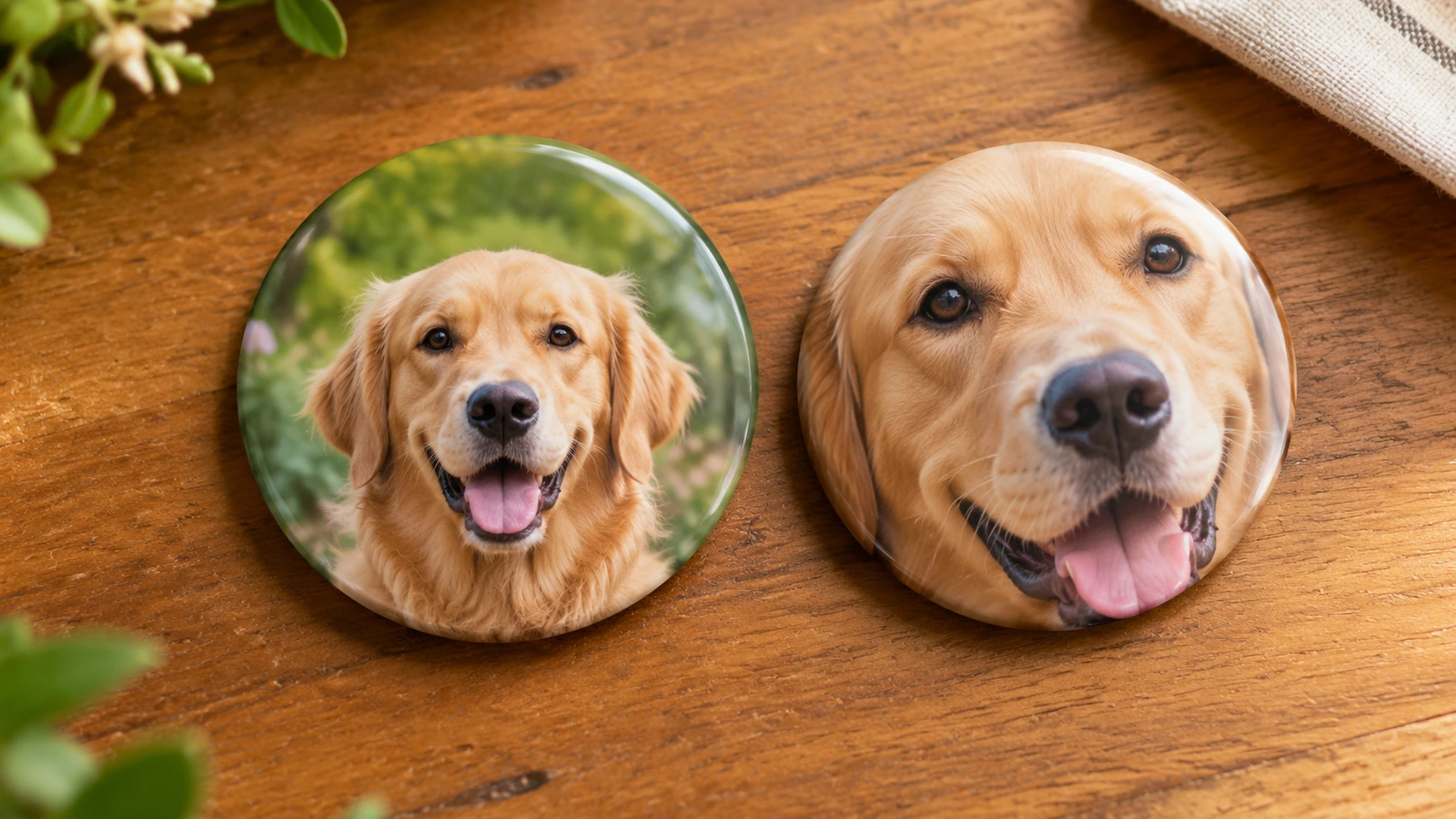 Dwie okrągłe przypinki ze zdjęciem portretu golden retrievera: jedna dobrze wyśrodkowana, z wolnym tłem wokół głowy, druga przycięta tak, że uszy zawijają się przez krawędź