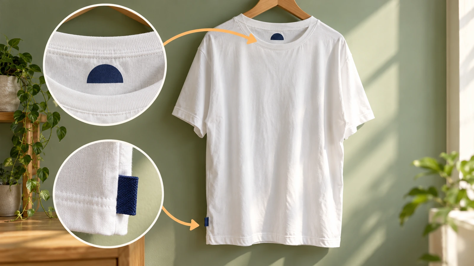 T-shirt z nadrukowanym oznaczeniem bezmetkowym wewnątrz tyłu dekoltu i tkaną chorągiewką przy dolnym rąbku z boku, ze strzałkami łączącymi oba miejsca