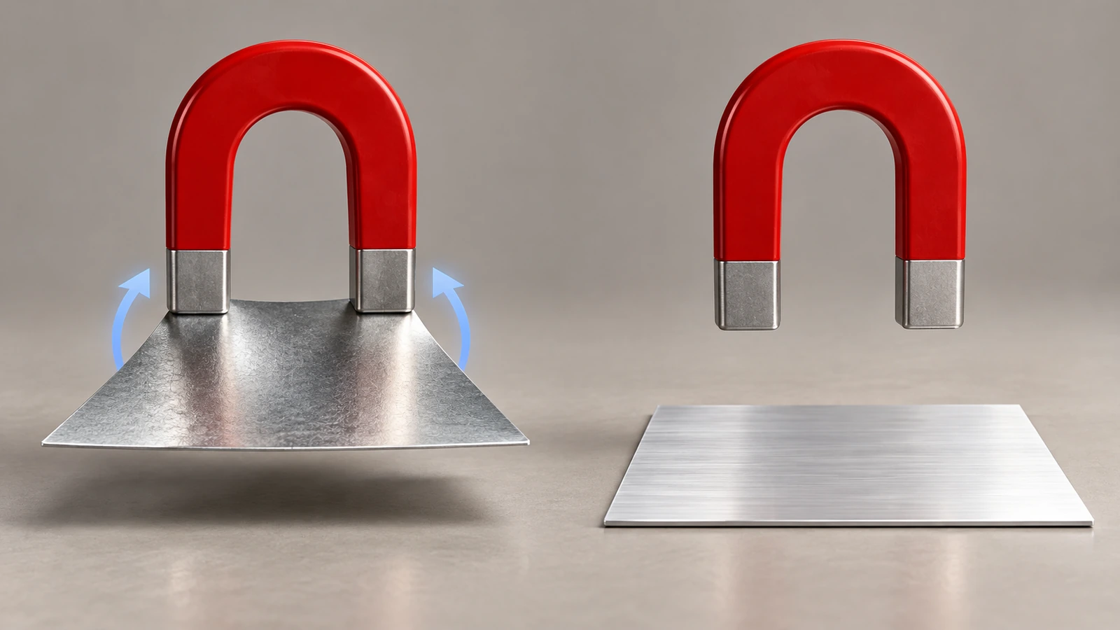 Srebrny arkusz blachy białej przytrzymywany podkowiastym magnesem obok arkusza aluminium, którego magnes nie przyciąga, na neutralnym tle studyjnym