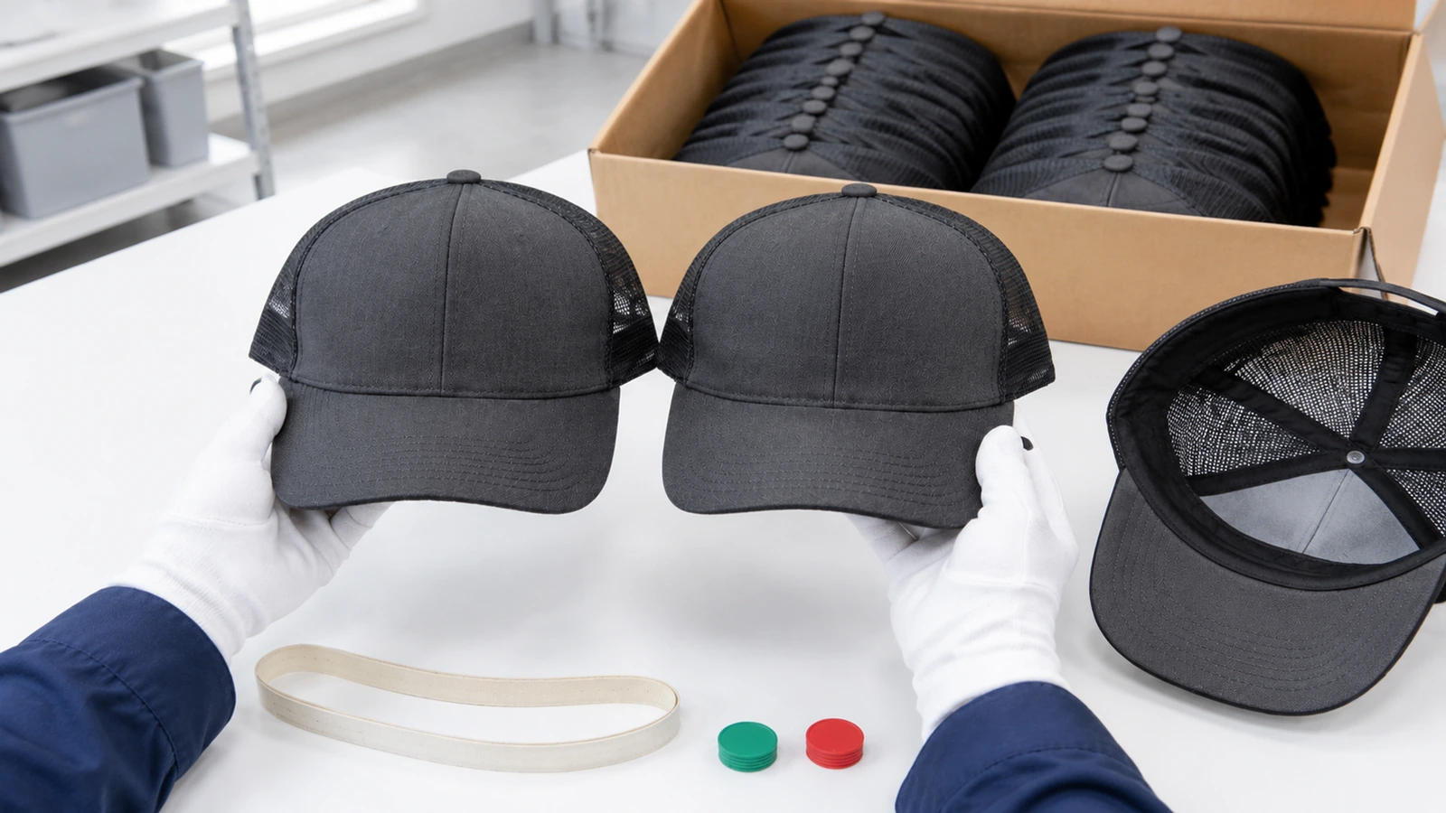 Inspektor porównuje czapkę trucker z partii produkcyjnej z zaplombowanym złotym wzorcem na stole inspekcyjnym oświetlonym światłem dziennym
