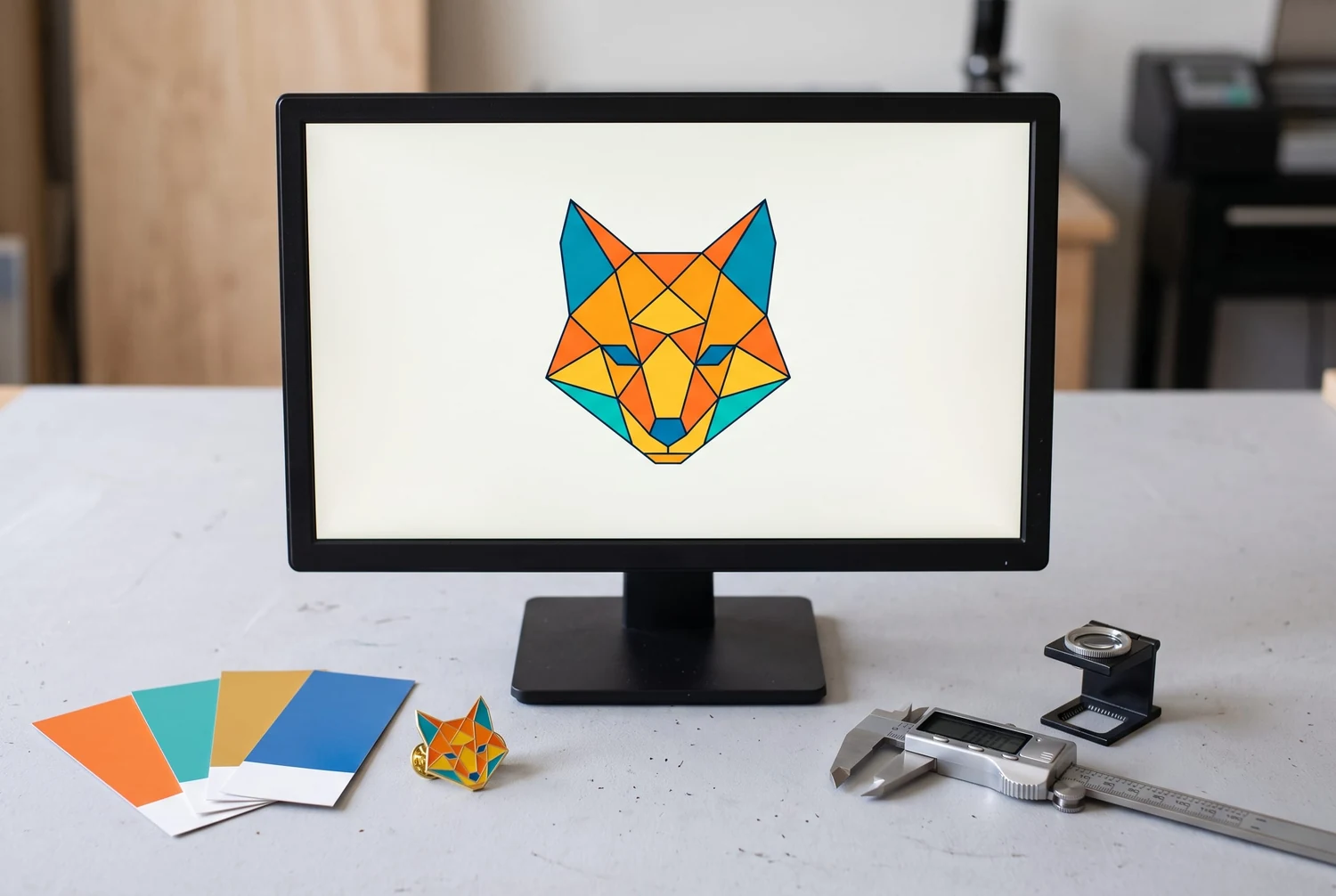 Geometryczna grafika z lisem na monitorze, z próbkami kolorów, pasującą przypinką i narzędziami pomiarowymi na biurku