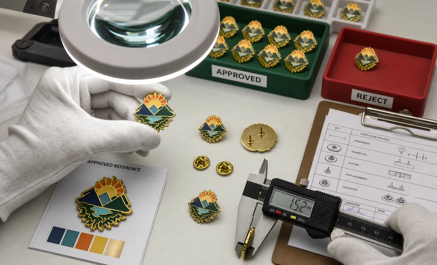 Kontroler jakości sprawdzający wypełnienie emalią, powłokę galwaniczną, wymiary, trzpienie i zapięcia w kontrolowanym oświetleniu