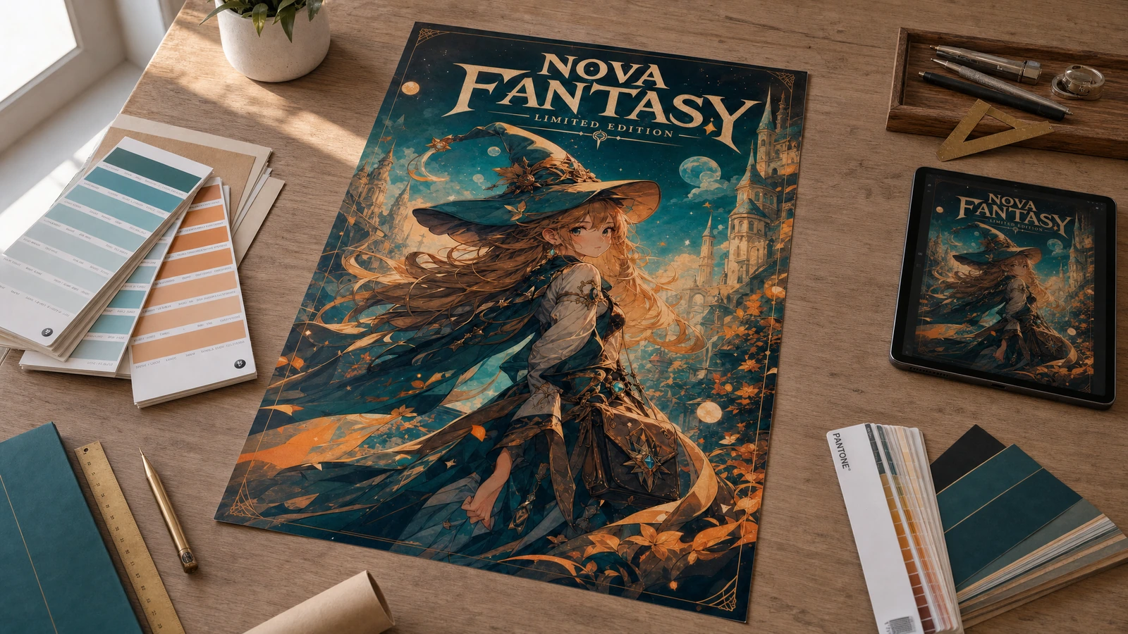 Grafika plakatu fantasy i planowanie kolorów Plakat z grafiką fantasy leżący na biurku obok tabletu, próbników kolorów i przyborów do rysowania