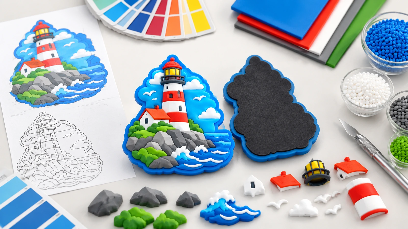 Projekt magnesu z latarnią morską i ilustracja jego elementów Ilustracyjny magnes w kształcie latarni morskiej z grafiką, próbkami kolorów, czarnym tyłem i osobnymi elementami dekoracyjnymi