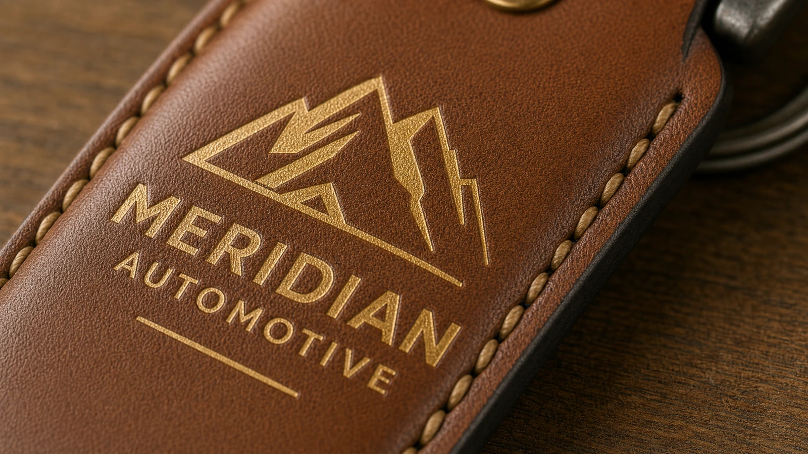 Szczegół oznakowanego brązowego breloka Zbliżenie na brązowy brelok z przeszyciem, ze złotą emblematą górską i napisem Meridian Automotive