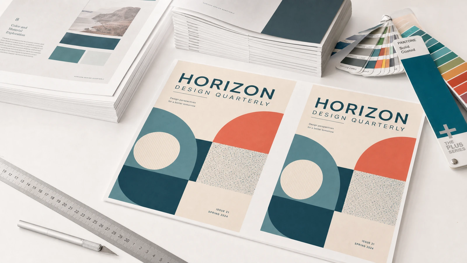 Grafika czasopisma i materiały do planowania druku Czasopisma projektowe i arkusze drukarskie obok próbników kolorów, linijki i przyborów do rysowania