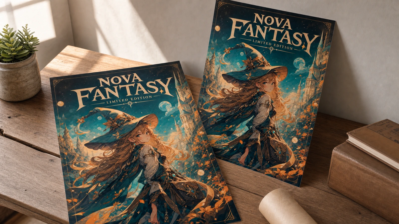 Ekspozycja plakatu fantasy na blacie stołu Dwa plakaty z grafiką fantasy oparte o biurko obok rolki papieru
