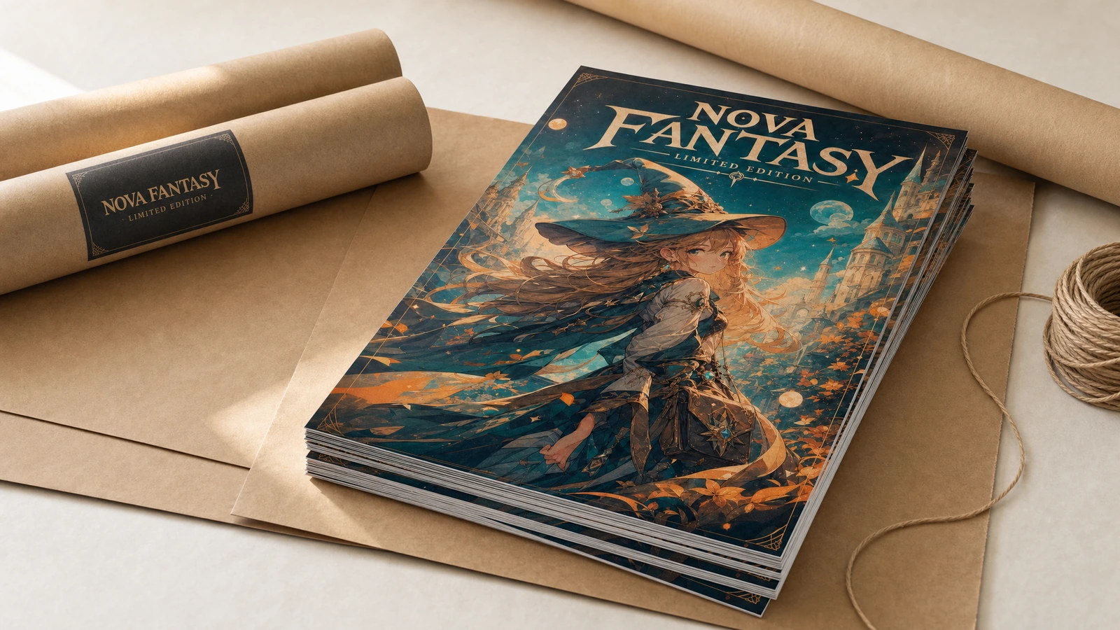 Stos plakatów i materiały do wysyłki Stos plakatów fantasy obok brązowego papieru, tub pocztowych i sznurka