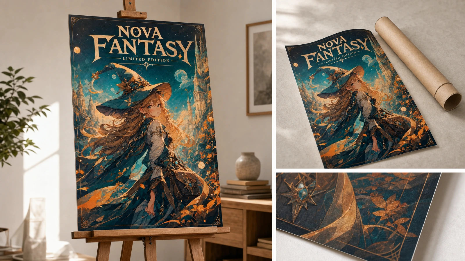 Ekspozycja plakatu, opakowanie i szczegóły wydruku Plakat fantasy wyeksponowany na sztaludze z opakowaniem na wkładce oraz widokami szczegółów wydruku