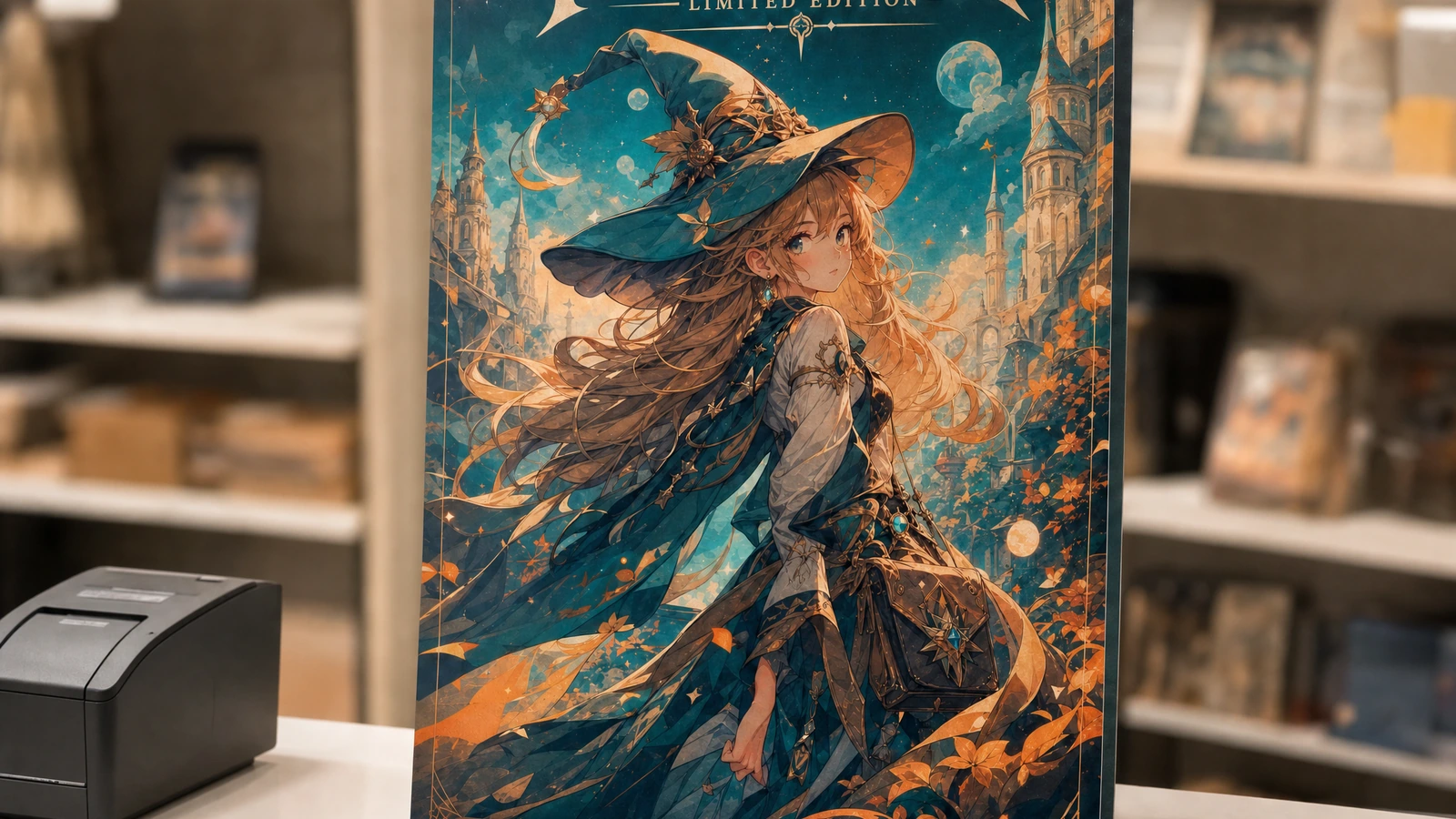 Ekspozycja plakatu fantasy na ladzie Plakat z grafiką fantasy stojący pionowo na ladzie sklepowej