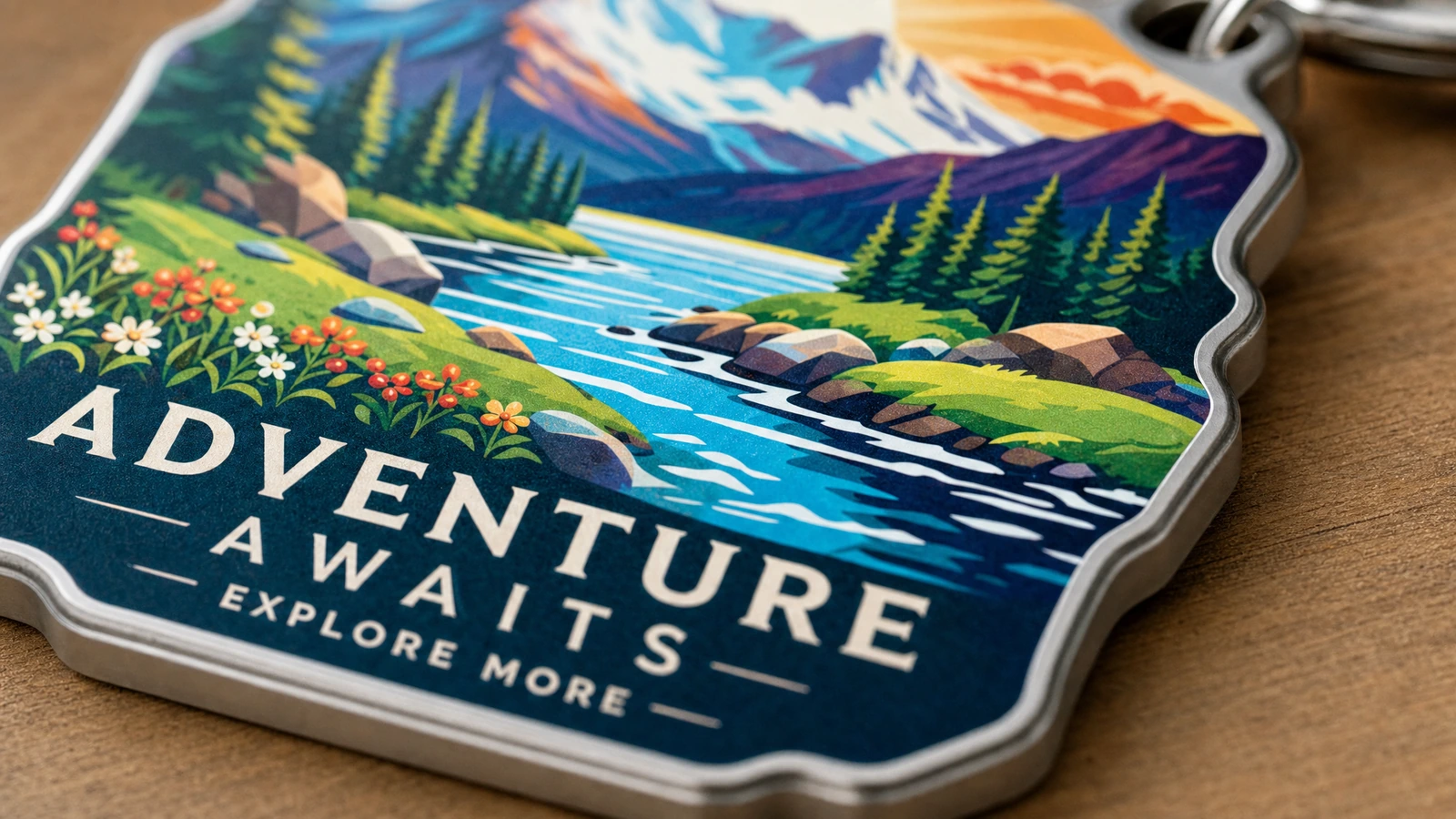 Zbliżenie na kształtowany brelok z krajobrazem, pokazujący góry, rzekę i napis „Adventure Awaits”