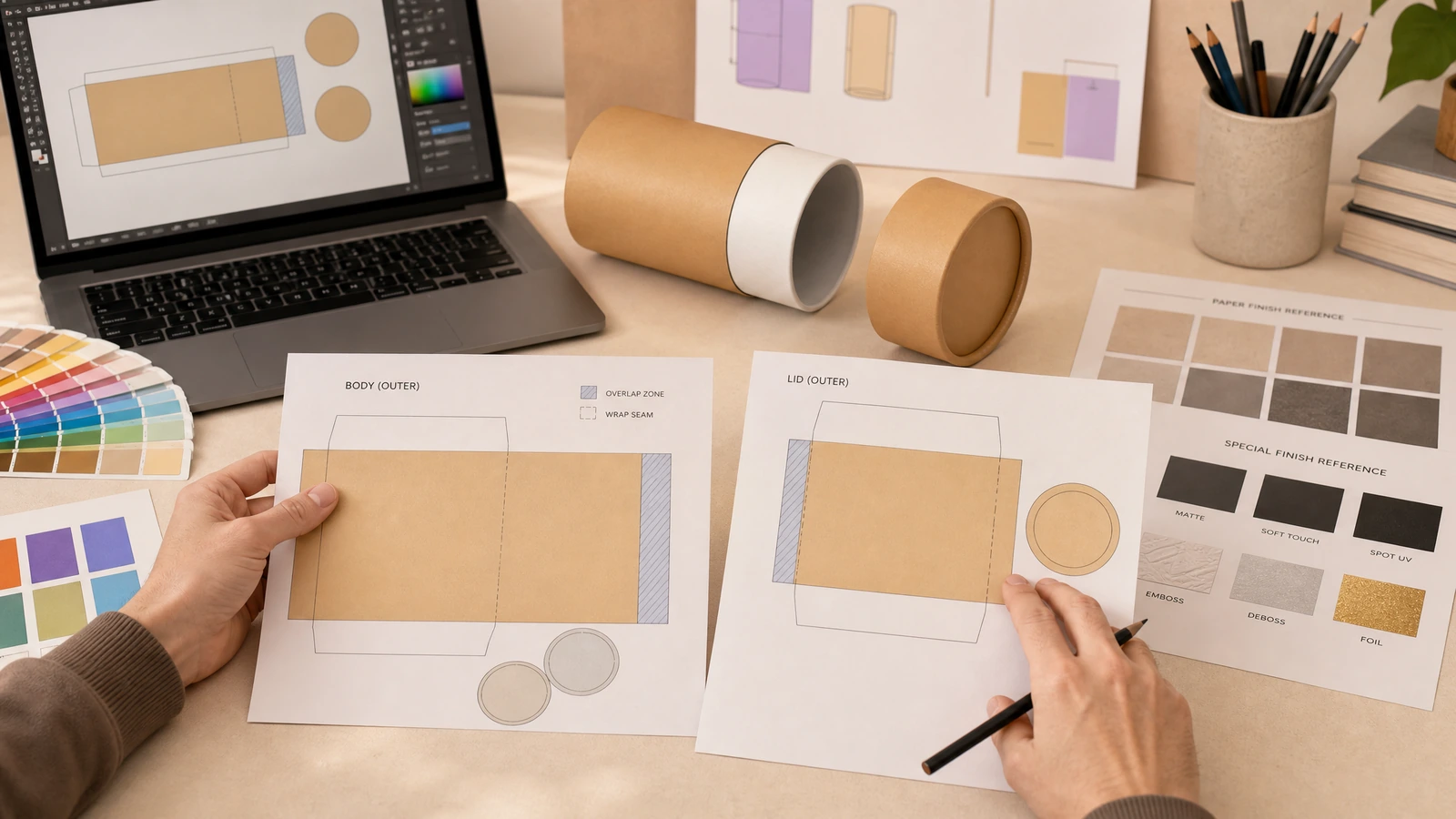 Przegląd grafiki tub i próbek Dłonie przeglądające arkusze grafiki korpusu i pokrywki obok laptopa, próbek wykończeń i otwartej tuby z papieru kraft