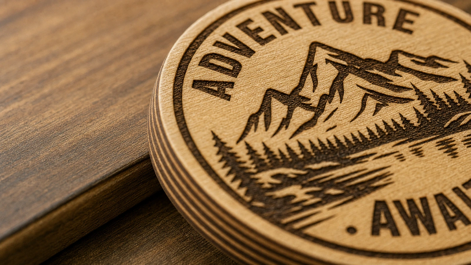 Zbliżenie grawerunku gór i napisu Adventure Awaits na warstwowym drewnianym krążku
