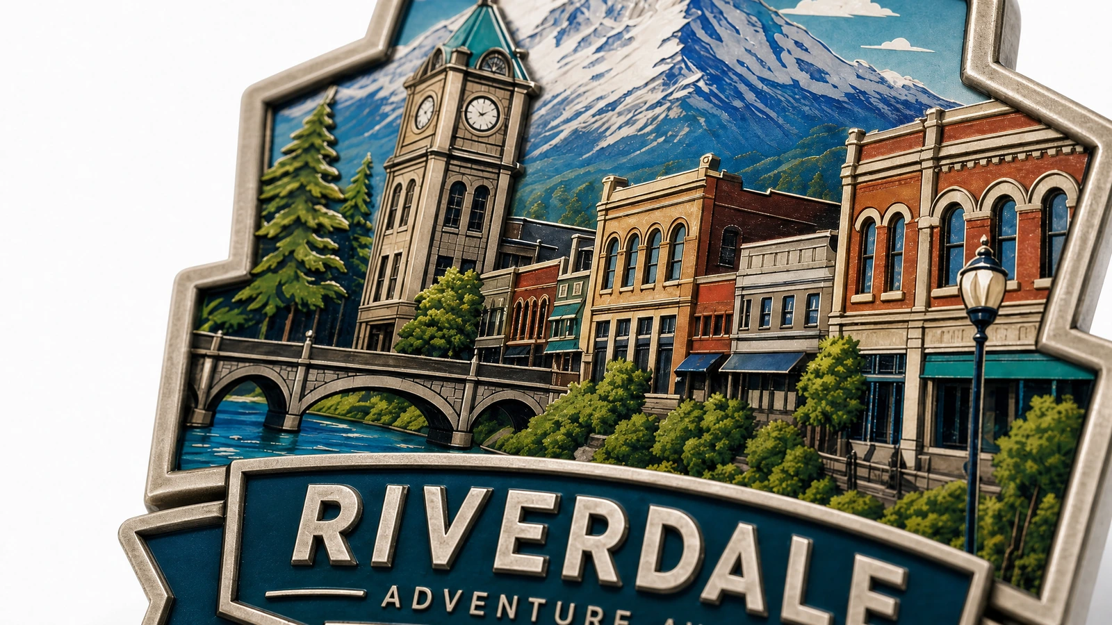 Poglądowe zbliżenie budynków, grafiki z górami oraz napisu Riverdale na powierzchni magnesu