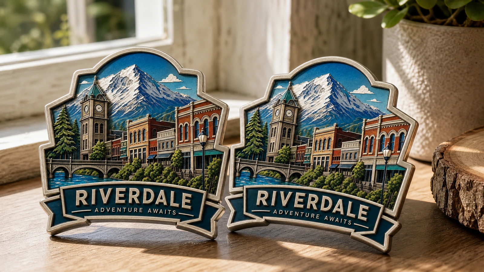 Poglądowa para magnesów pamiątkowych Riverdale na drewnianym parapecie
