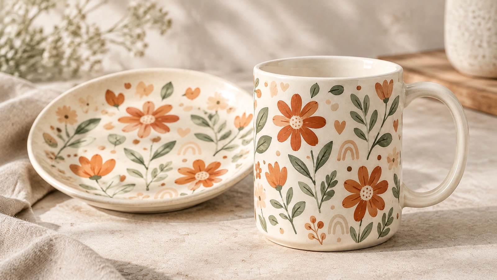 Kwiatowy kubek ceramiczny obok pasującego zdobionego talerzyka