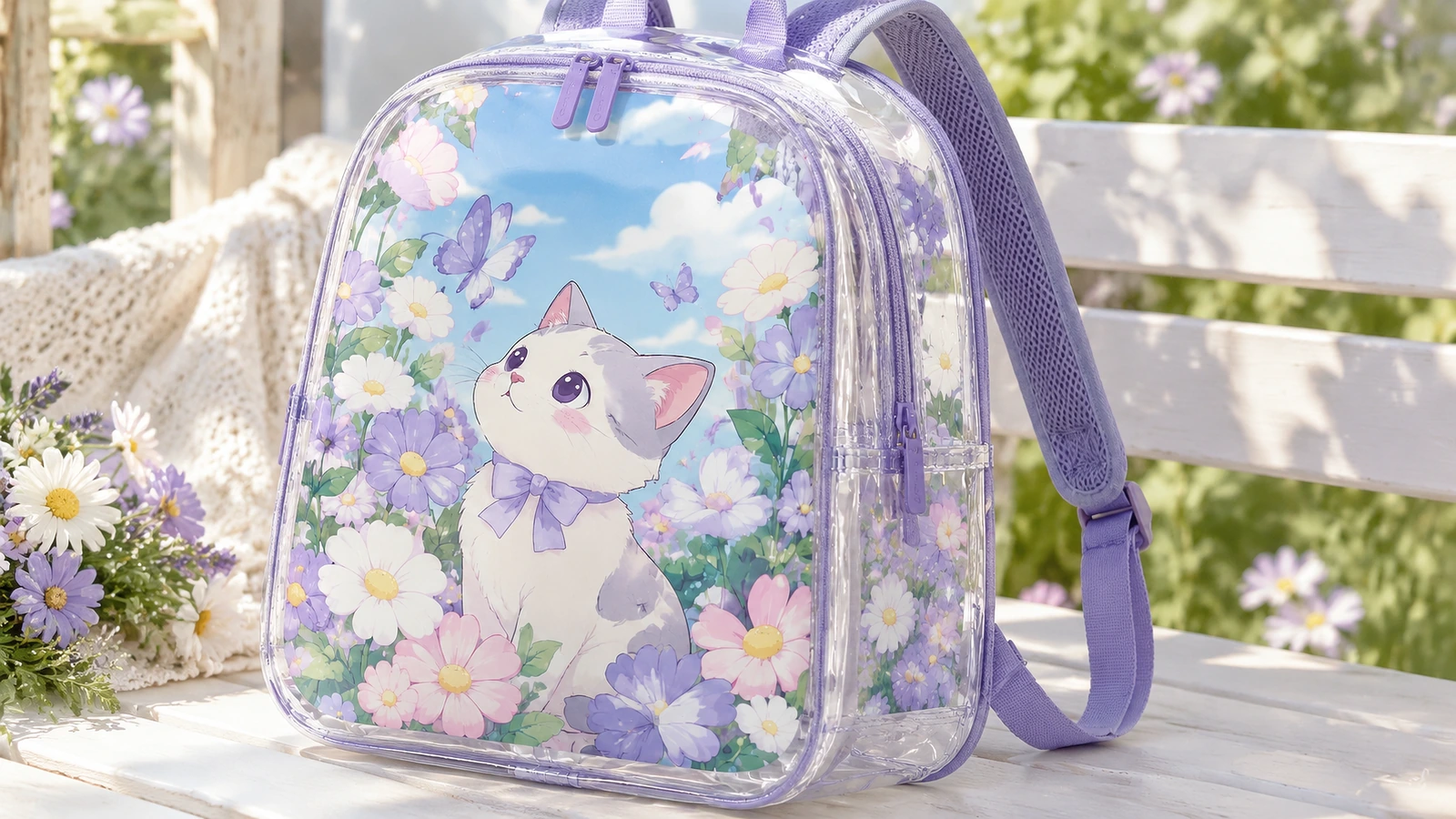 Ilustracyjna prezentacja plecaka na zewnątrz Przezroczysty plecak z fioletowym wykończeniem i kwiatowym motywem kotka na zewnętrznej ławce