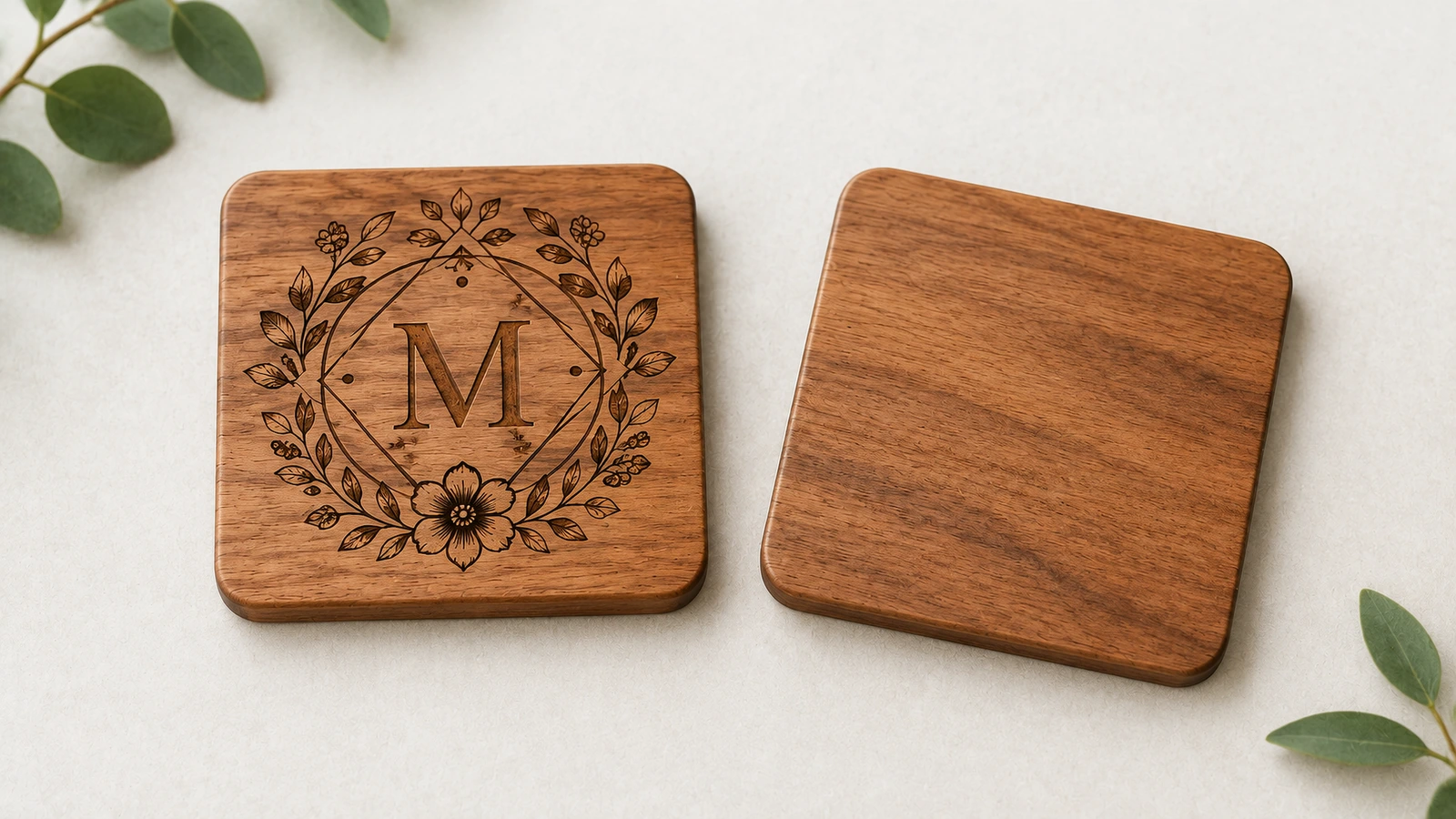 Dwie kwadratowe drewniane podkładki, jedna z kwiatowym monogramem, a druga gładka
