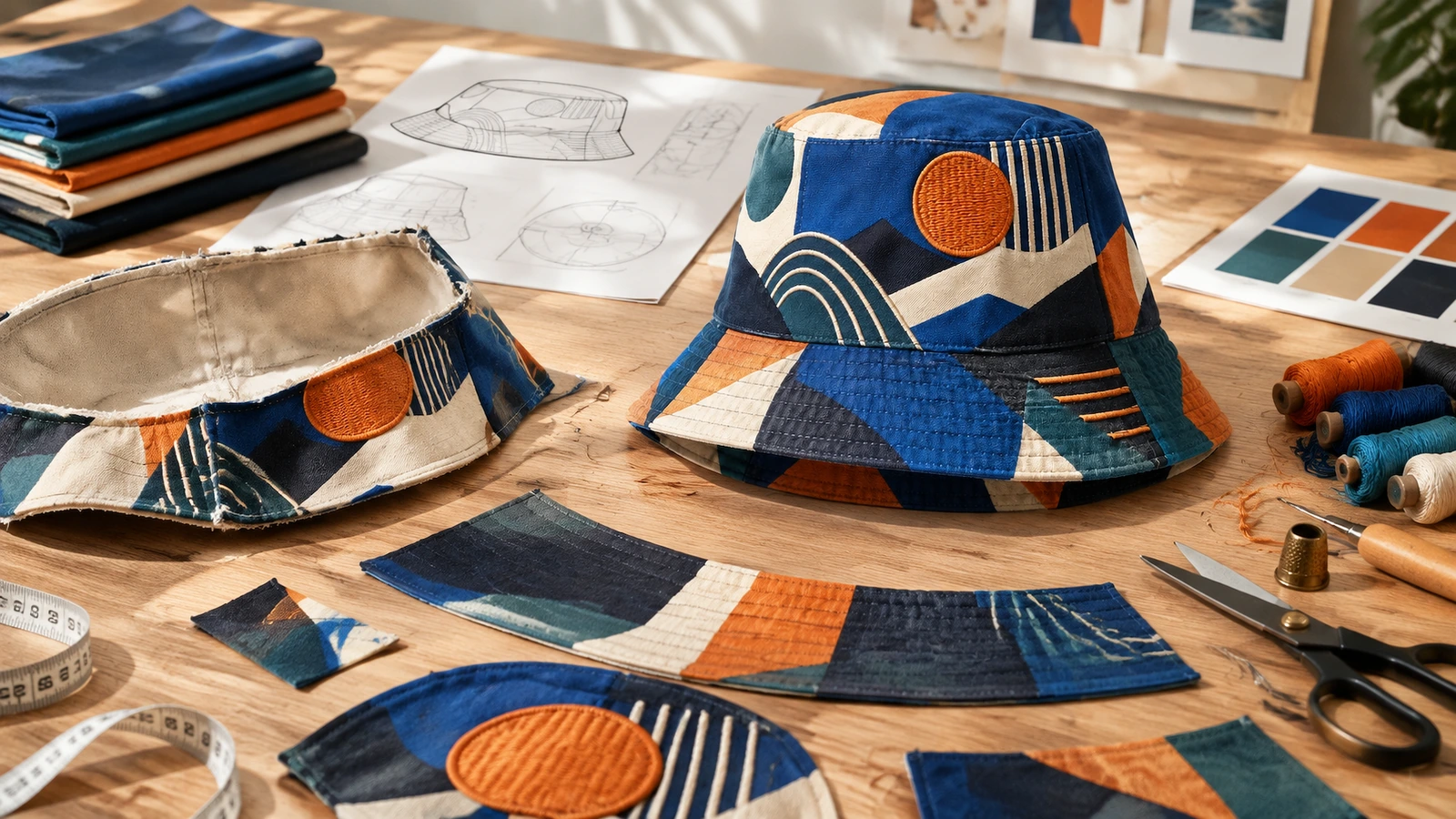 Projektowanie kapeluszy bucket i materiały do szycia Kapelusze bucket z geometrycznym wzorem oraz kawałki tkaniny obok nici, szkiców i próbek kolorów.