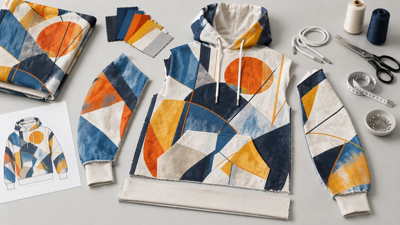 Nadrukowana bluza z kapturem i materiały do szycia odzieży Bluza pullover z geometrycznym nadrukiem, z pasującymi kawałkami tkaniny, próbkami materiałów, sznurkami ściągającymi i przyborami do szycia