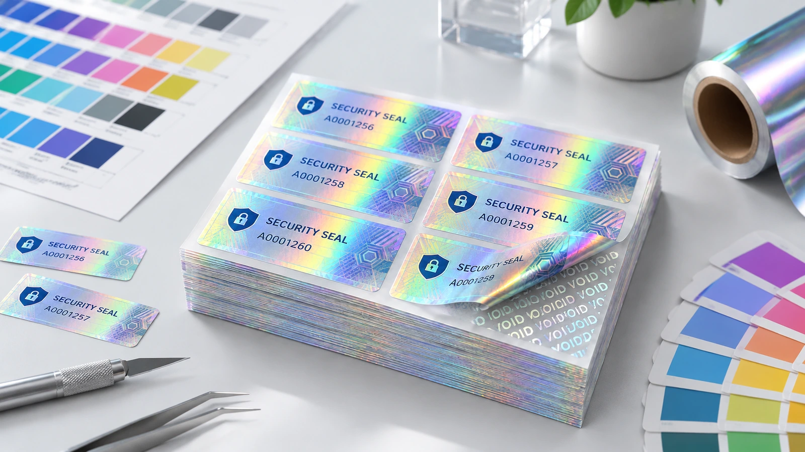 Ułożone arkusze hologramowych etykiet zabezpieczających obok próbek kolorów, z odklejonym rogiem pokazującym wzór VOID