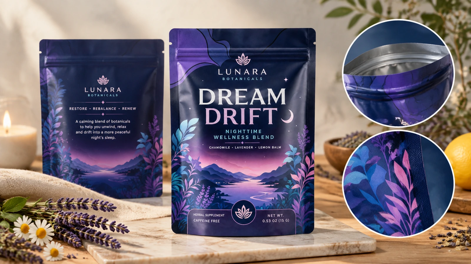Szczegóły przodu, tyłu i powierzchni saszetki Widoki przodu i tyłu fioletowej saszetki z wkładką pokazującą wnętrze oraz zbliżeniami nadruku