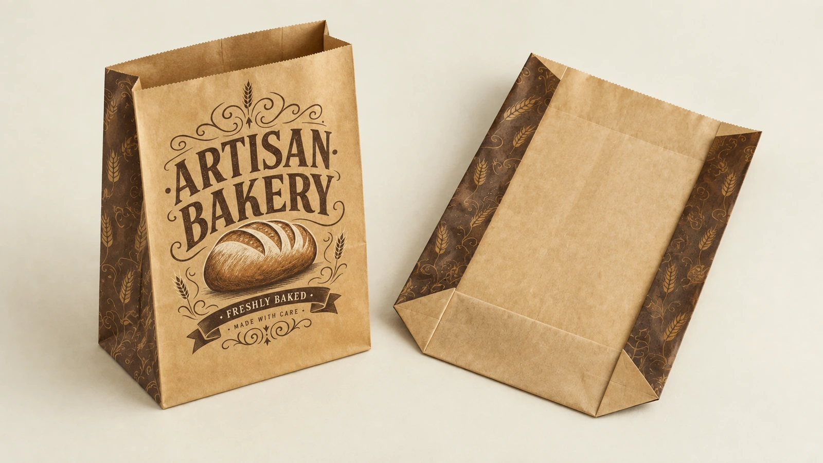 Widok przodu i tyłu papierowej torby piekarniczej Widok z przodu i z tyłu brązowych papierowych toreb ARTISAN BAKERY z wzorzystymi bocznymi panelami