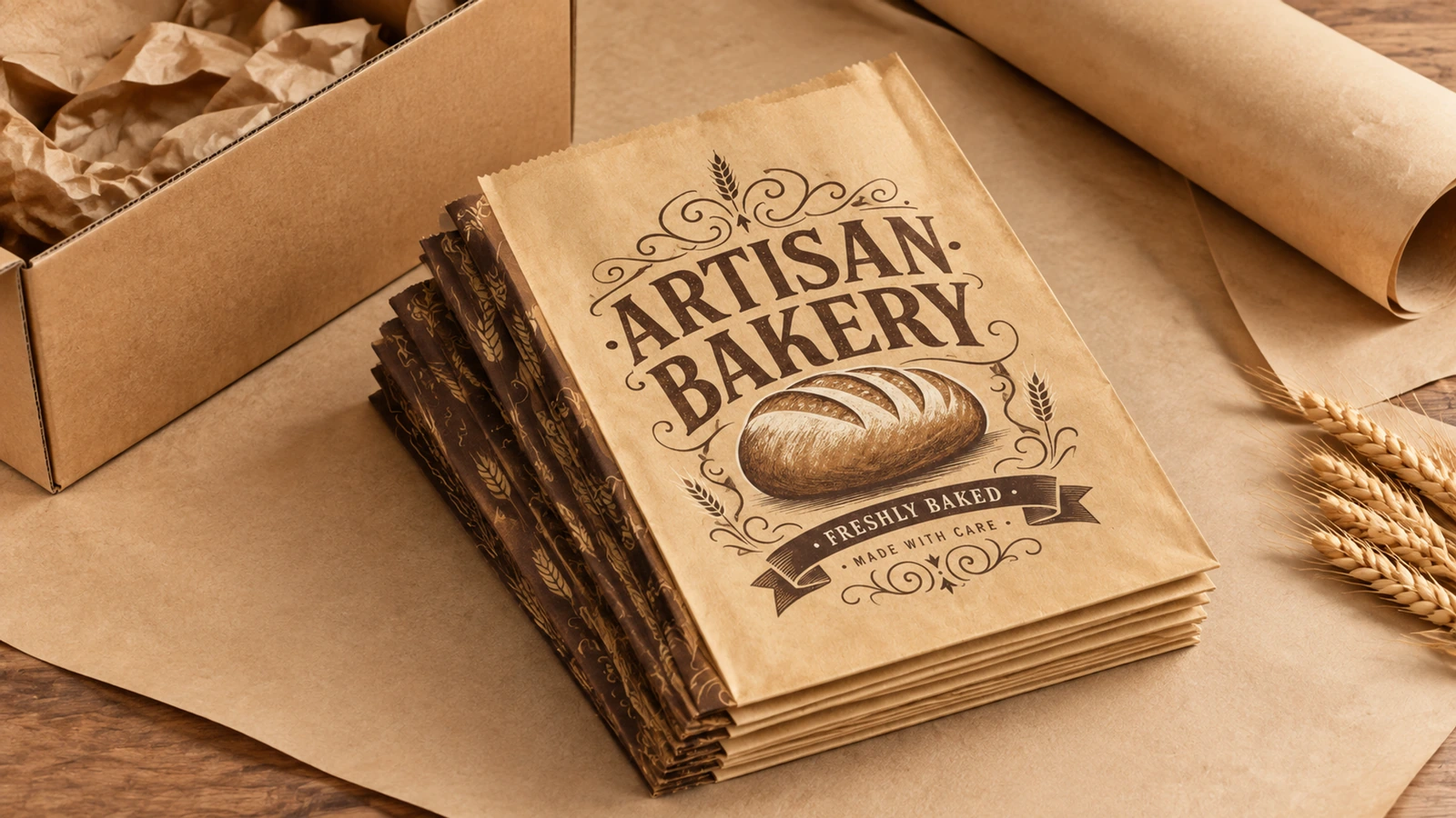 Płaskie torby piekarnicze i materiały pakunkowe Stos płaskich toreb ARTISAN BAKERY obok kartonowego pudełka, papieru pakowego i pszenicy