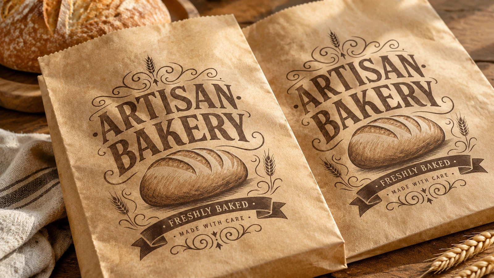 Torby piekarnicze obok chleba Dwie brązowe torby ARTISAN BAKERY obok chleba i pszenicy
