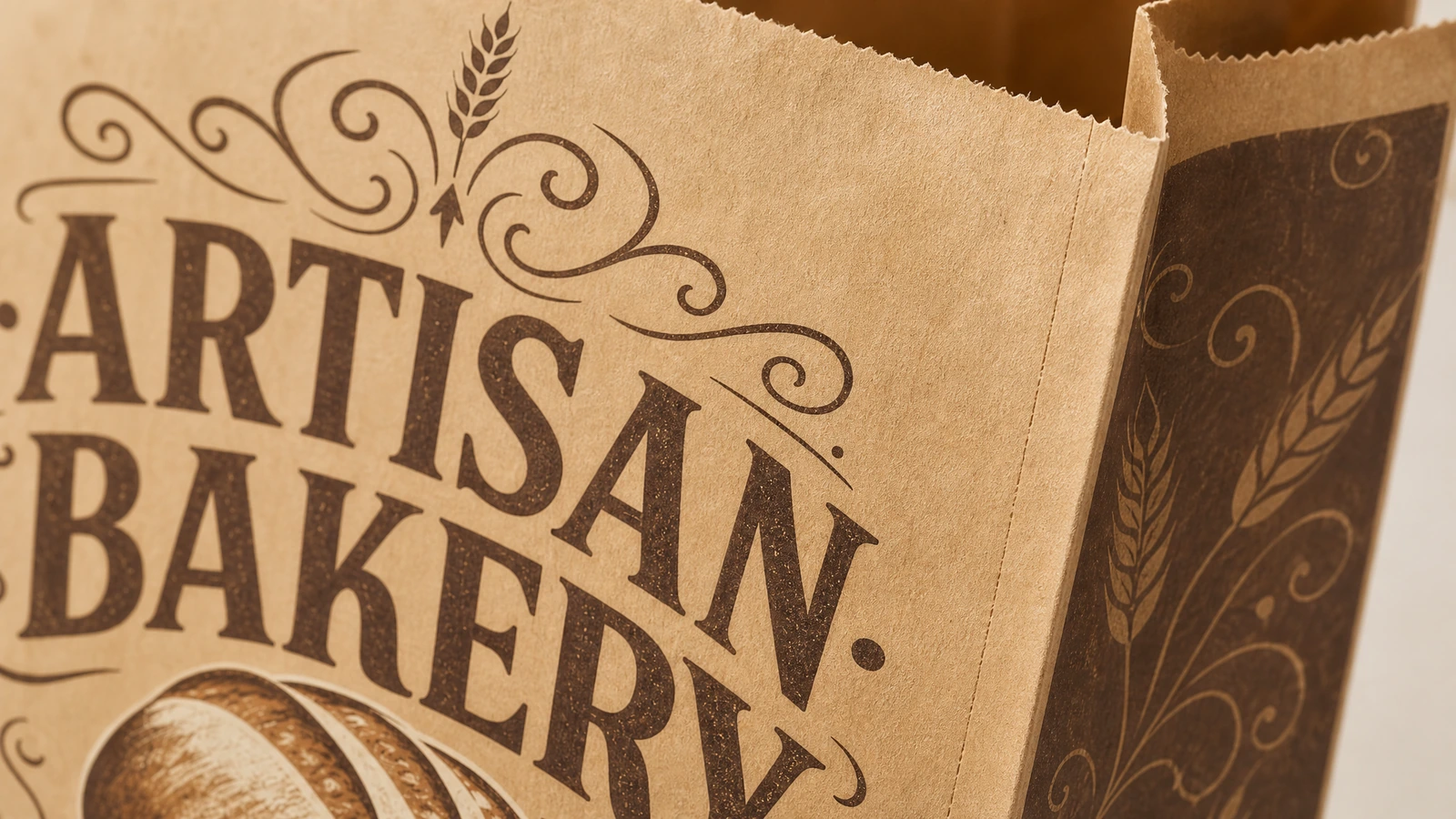 Szczegół nadruku i otworu torby piekarniczej Zbliżenie na nadruk ARTISAN BAKERY i ząbkowany otwór torby