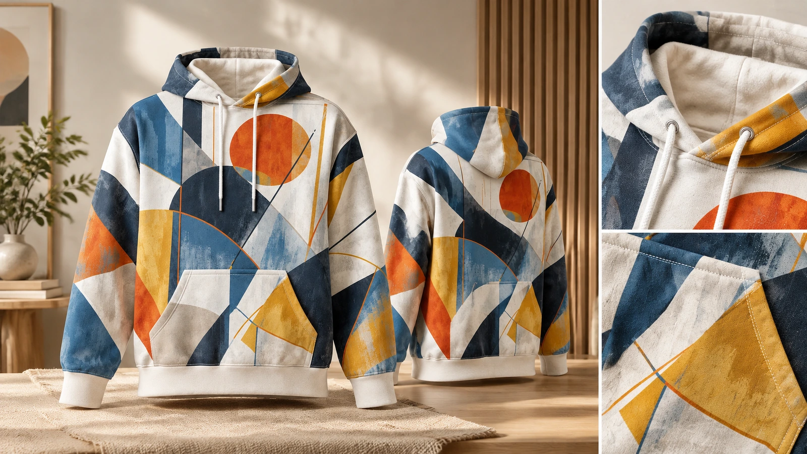 Nadrukowana bluza z kapturem – przód, tył i detale Widok z przodu i z tyłu bluzy z geometrycznym nadrukiem, zbliżenia na kaptur i kieszeń