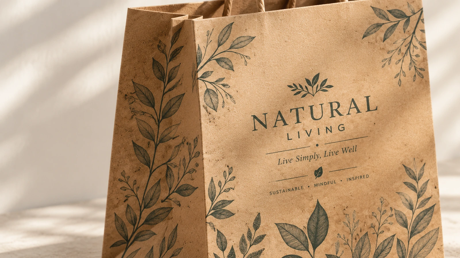 Zbliżenie brązowej torby papierowej z nadrukiem liści i napisem NATURAL LIVING