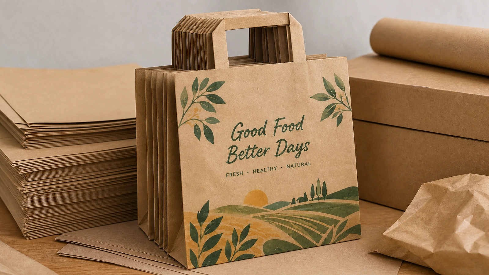 Brązowe torby papierowe z płaskimi uchwytami i grafiką Good Food Better Days obok kartonów pakunkowych